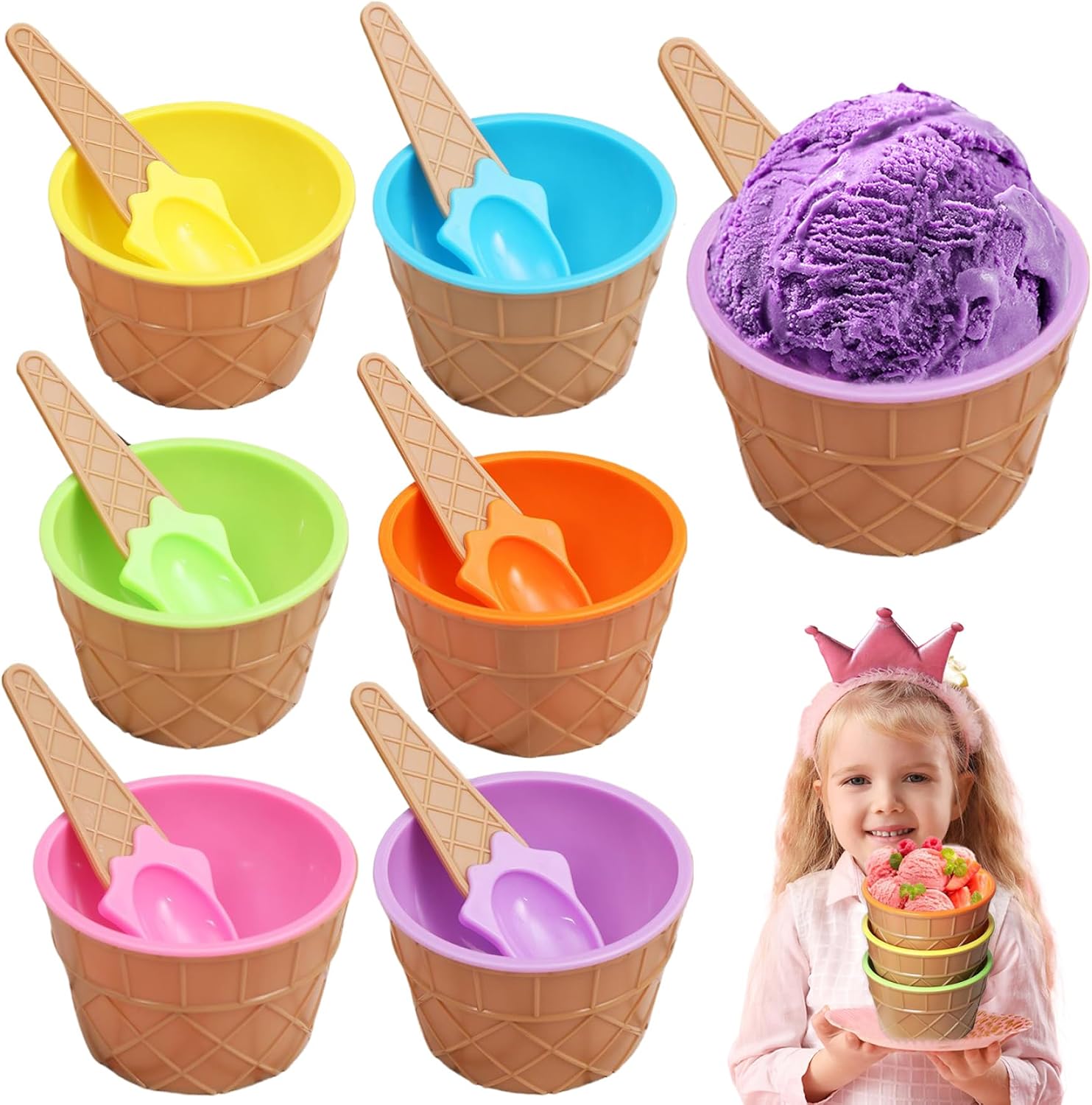 Ice Cream Bowls with Spoons, 6 Set, 6 Color, for Ice Cream Party, Bar