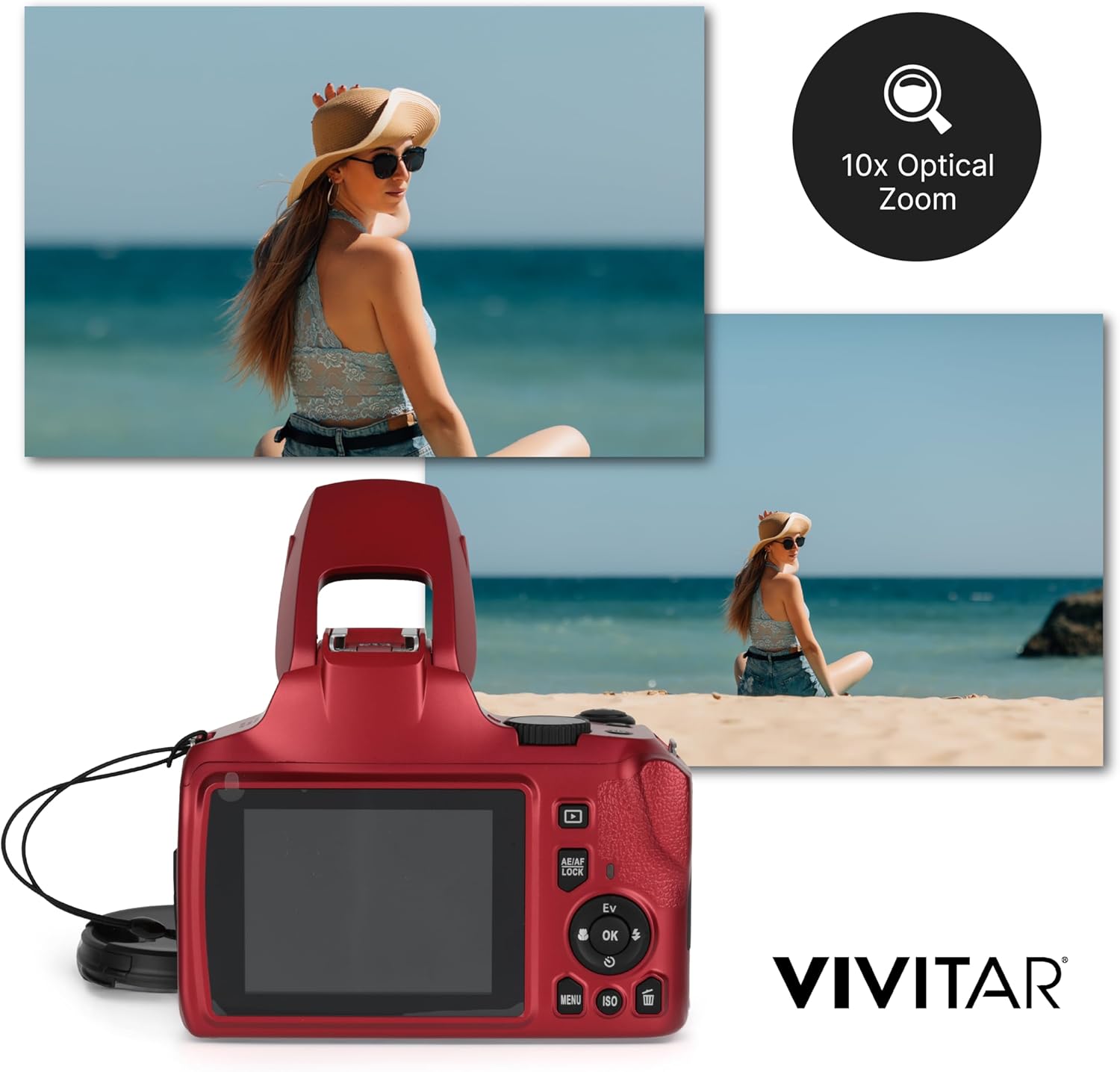Example of 10x optical zoom on the Vivitar 4K Digital Camera, showing a wide shot and a zoomed-in shot of a woman on a beach.