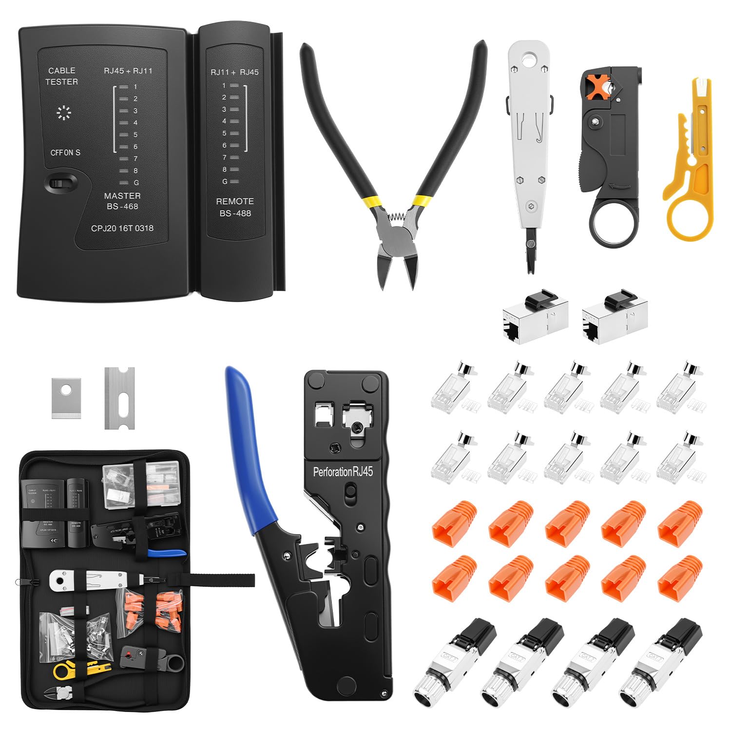 QWORK® Set di strumenti di rete – Pinza crimpatrice Pass Through RJ45 per Cat7, Cat6, Cat5, inclusi tester cavi LAN e accessori