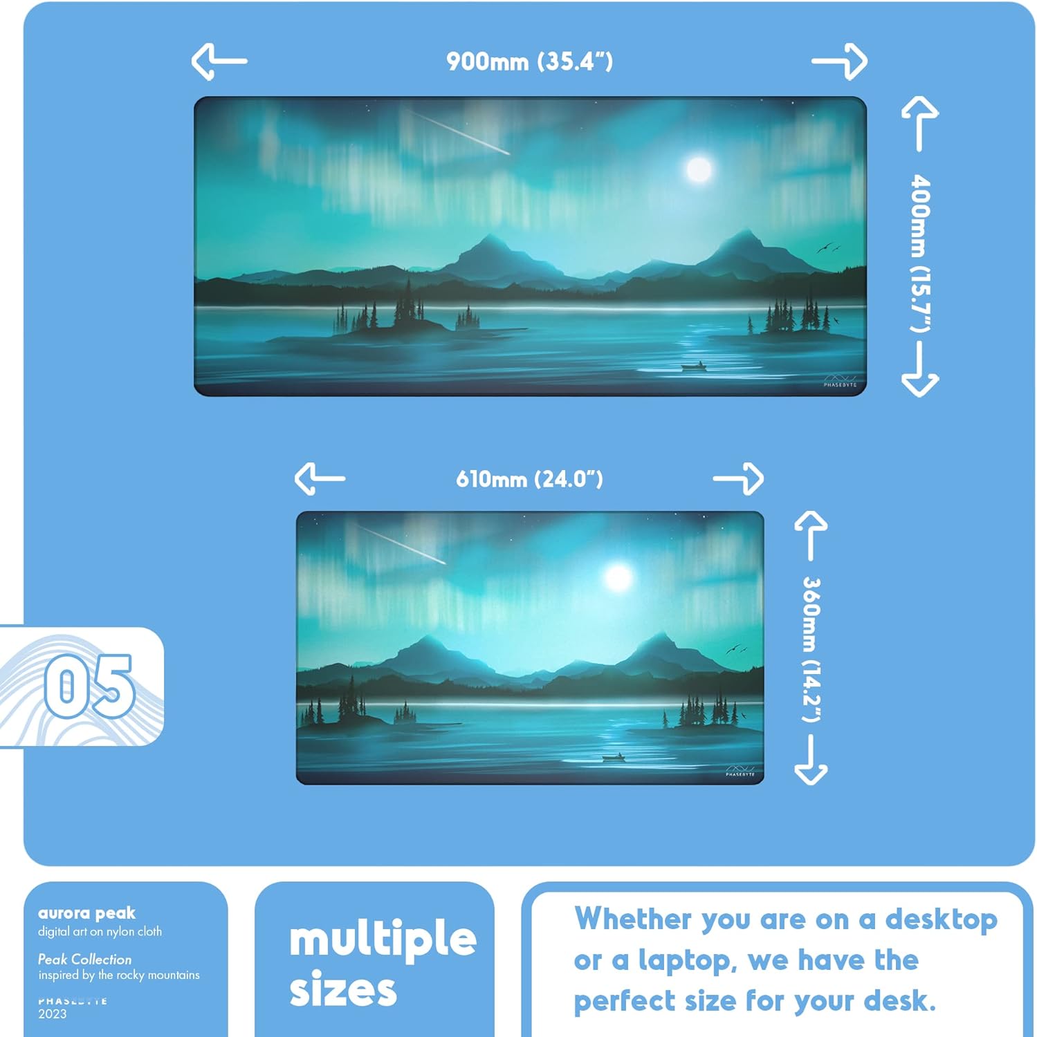 PhaseByte Aurora Peak Extended Gaming Mouse Pad - Non-Slip Gaming Mouse Mat with Stitched Edges, Smooth Micro-Fiber Computer Desk Mat, Hand Washable, 35.4"x15.7", 900x400x4mm