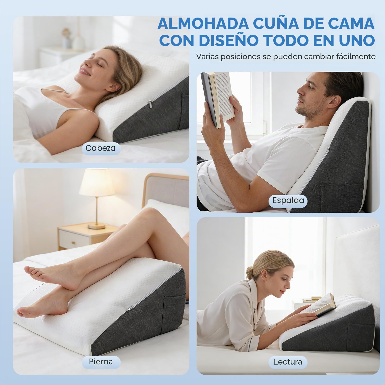 Juego de 3 almohadas de cuña con espuma viscoelástica suave, cojín de apoyo ajustable para un sueño reparador, almohada de inclinación para reflujo, ronquidos y dolor de espalda y piernas