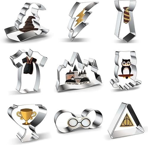 Juego de 9 cortadores de galletas de brujería y magia de Halloween con sombrero de bruja, gafas, rayo, búho, castillo mágico, triángulo, copa de