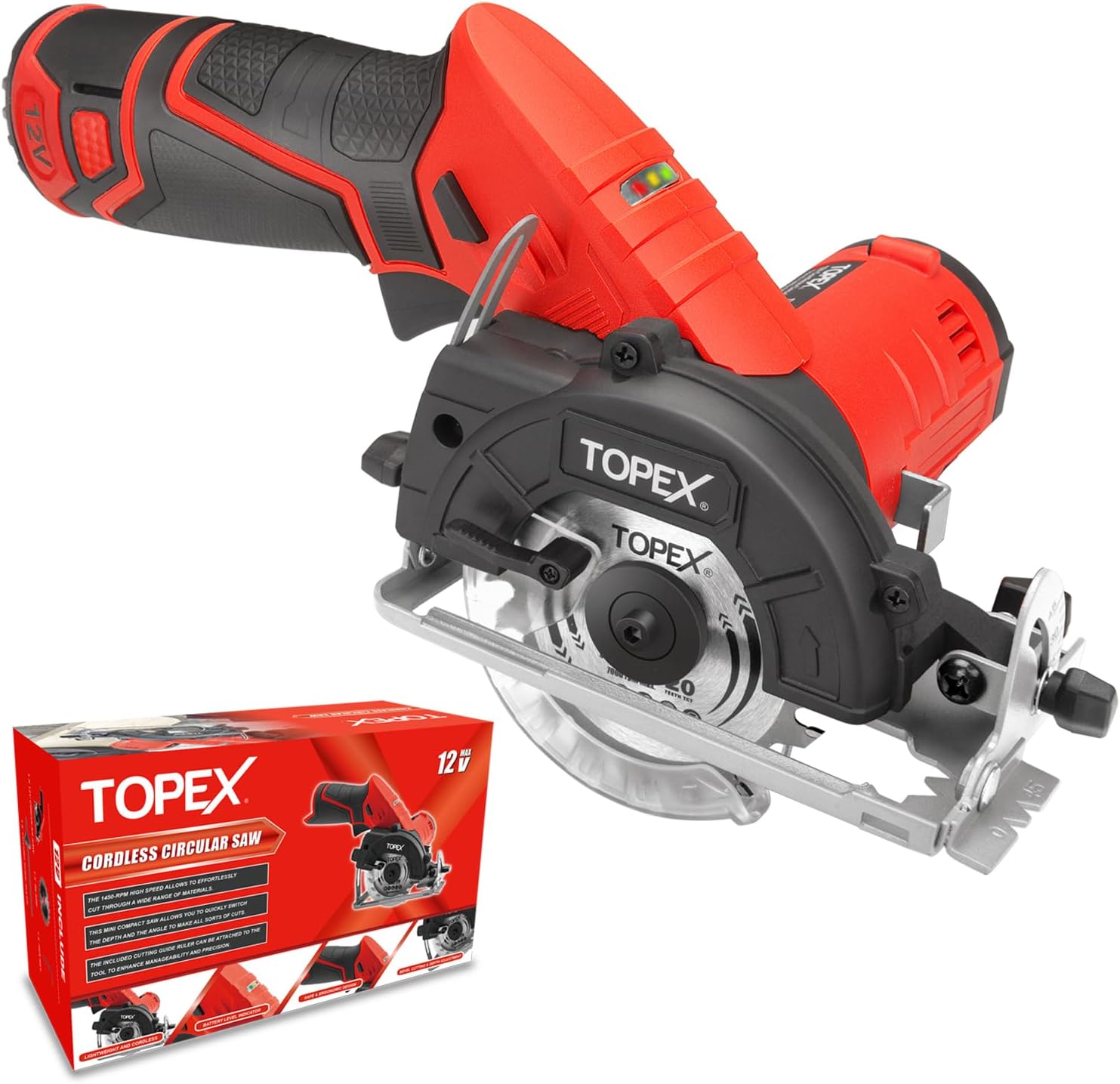 TOPEX 12V Max Cordless Circular Saw 85mm Cutting Machine Professional 1450RPM Compact Lightweight Mini Circular Saw with Scale Ruler, Saw Blades, Battery & Charger Ideal for Wood, Tile & Plastic Cuts