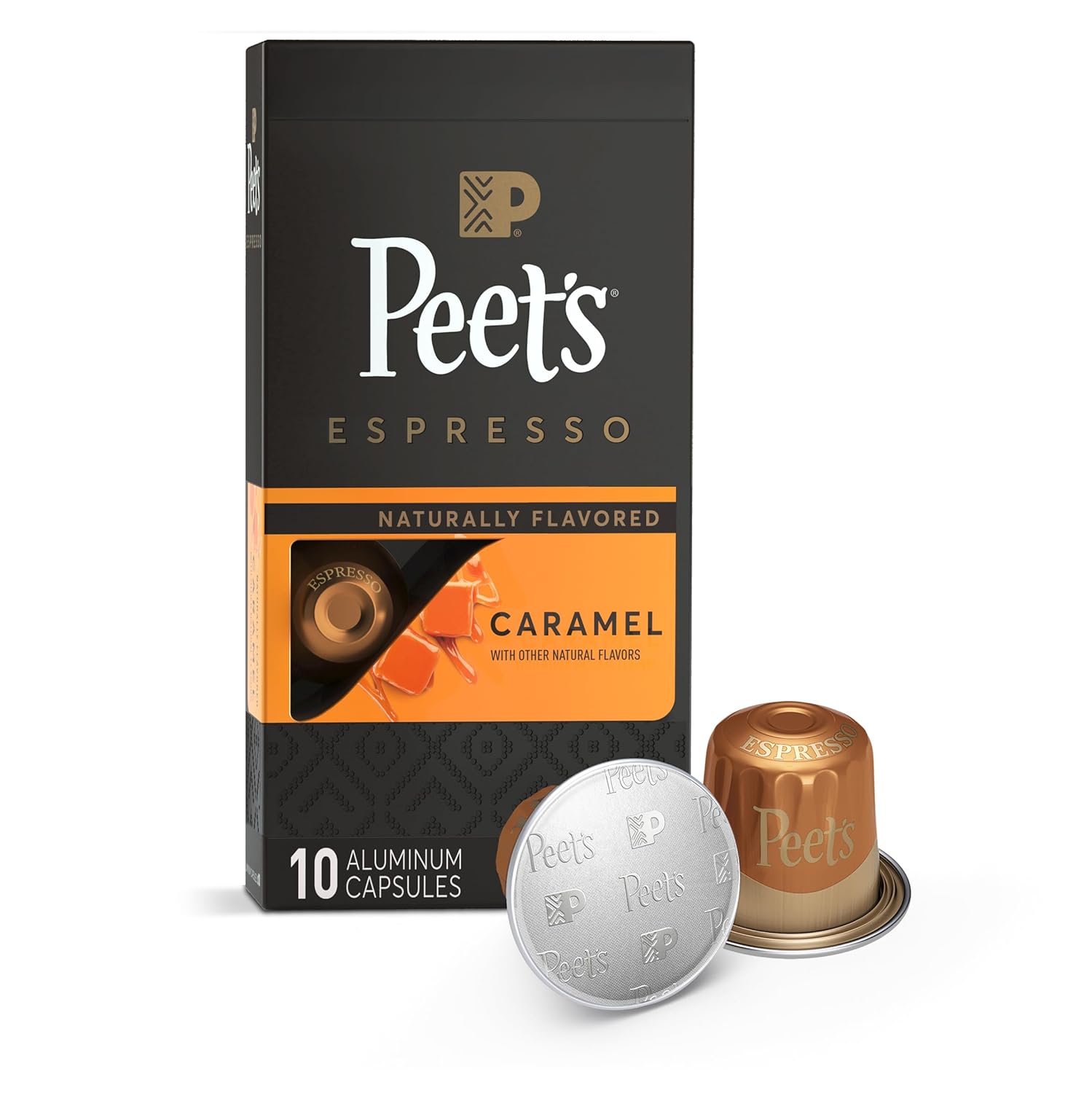 peet's coffee, dark roast espresso capsules compatible with nespresso original machine, caramel 10 count (1 box of 10 espresso capsules) 10 count (pack of 1)