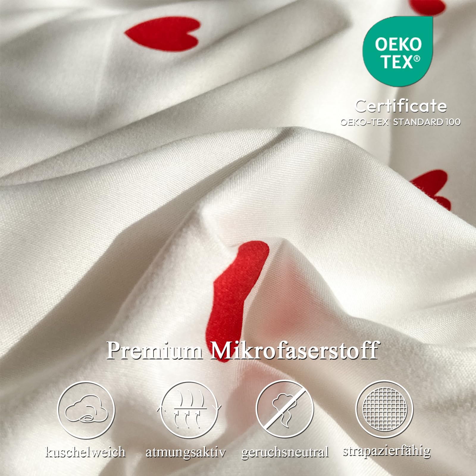 Freyamy Herz Bettwäsche 135x200 4teilig Weiß Rot Herzen Bettwäsche Set | Aesthetic Bettwäsche Mädchen, Microfaser ÖKO-TEX Bettwäsche-Sets, 2 Bettbezug mit Reißverschluss und 2 Kissenbezug 80x80cm