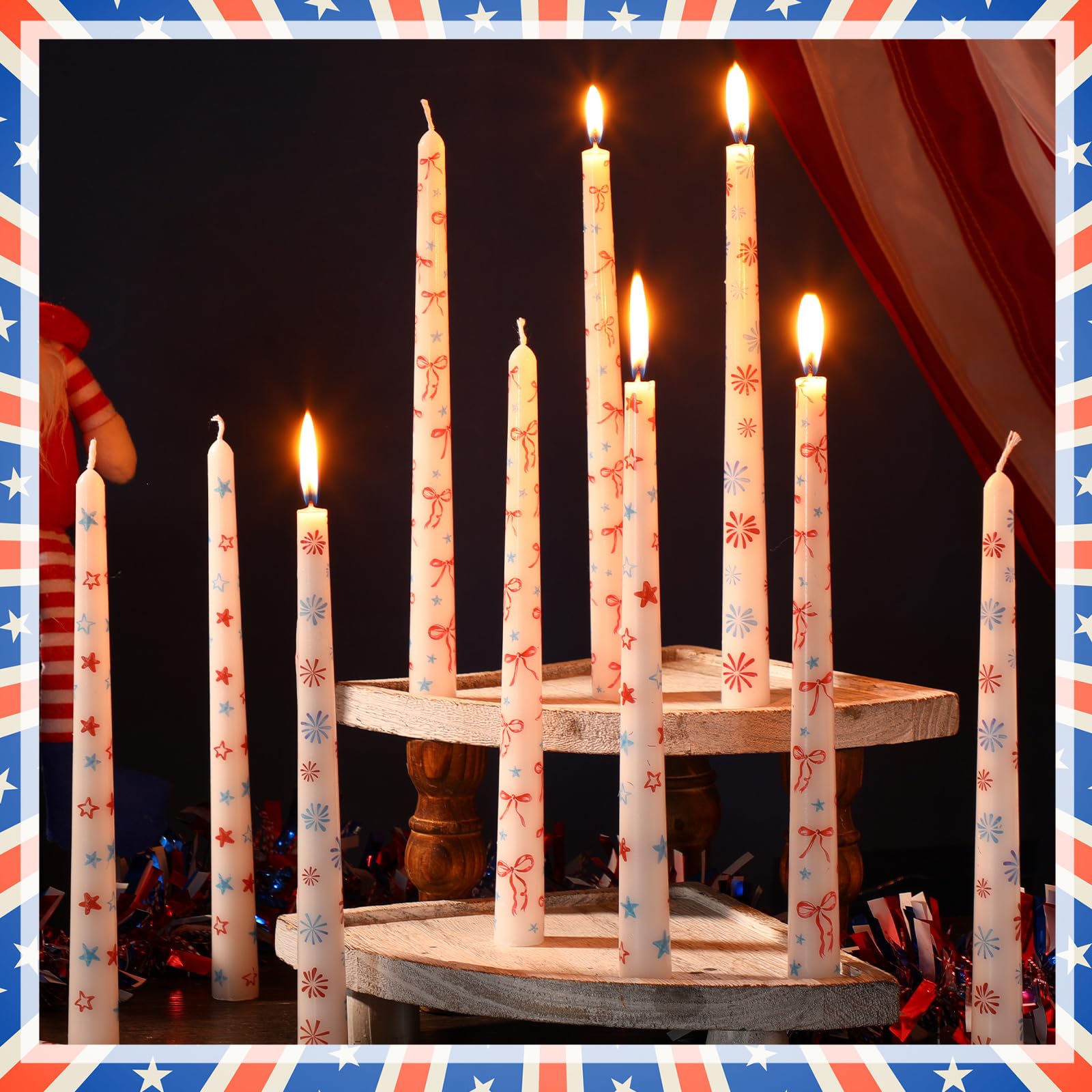 Tujoe 18 Pcs Independence Day Taper Candles 10 Inch Tall 4th of July Decor Patriotic Burning Fireworks Bows Star Candles Set for Independence Day Dinner Party Table Decor