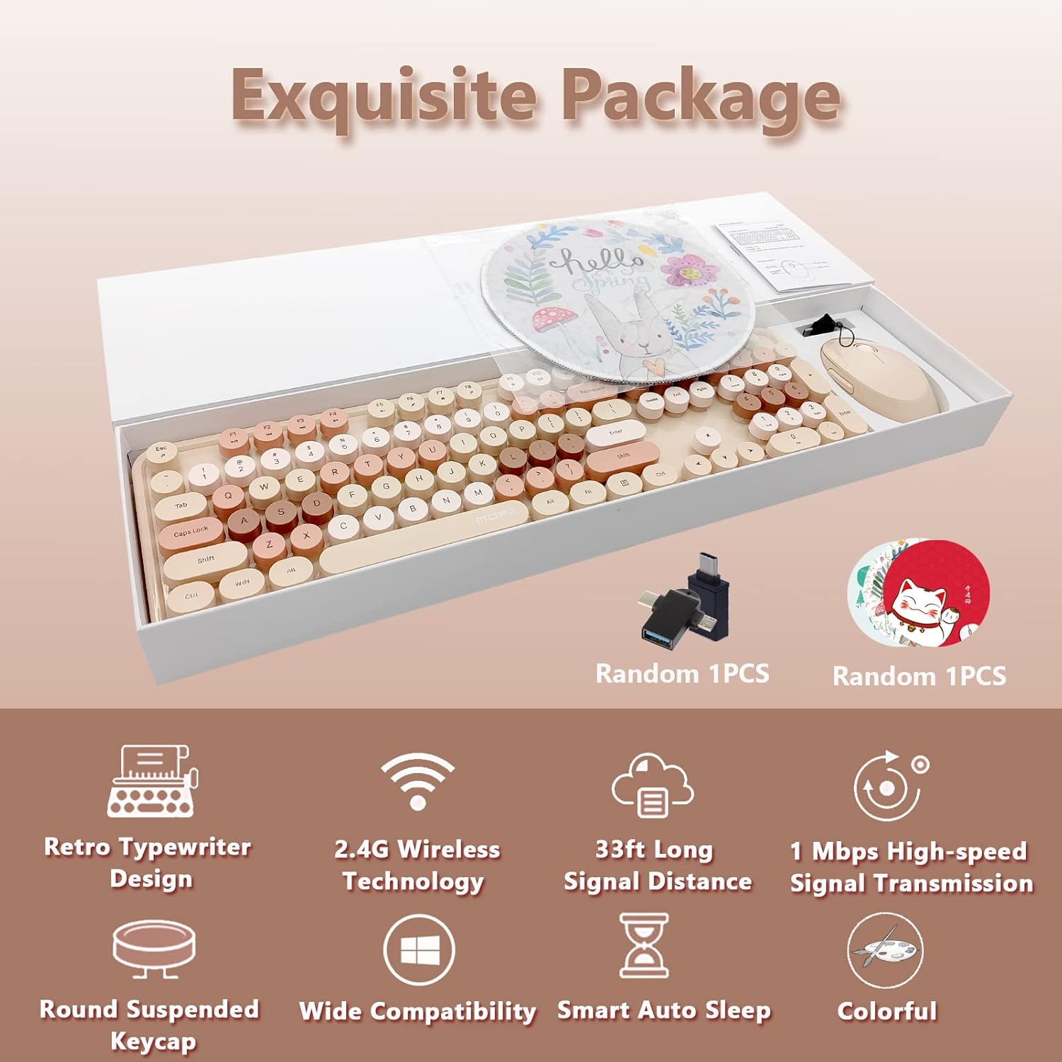 Wireless Keyboard and Mouse Combo, Ergonomic Cute Retro Typewriter Full Size Colorful USB Cordless Keyboard Mouse Set for Gaming and Office (Milk Tea)