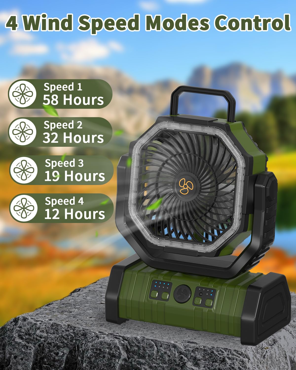 ADUST Ventilador de camping alimentado por batería con luz LED, ventilador portátil recargable de 20000 mAh, ventilador de escritorio oscilante inalámbrico USB con gancho giratorio para colgar en