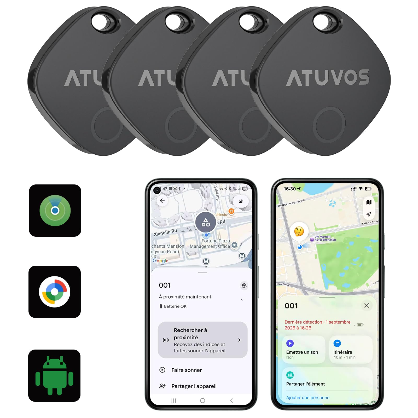 ATUVOS Air Tag Tracker Set of 4 Bluetooth Object Locator Compatible with Google and Apple Android App Locate