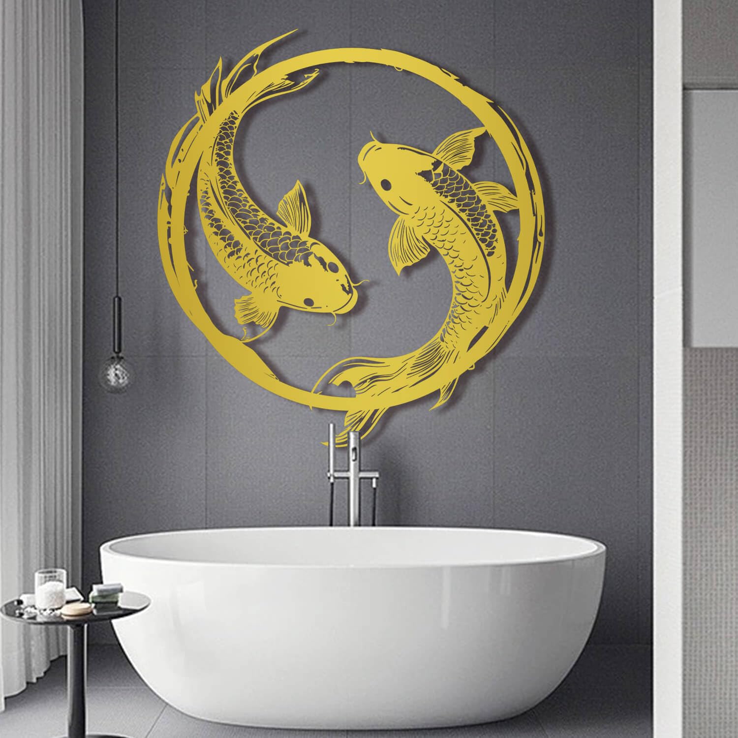 Tableau métal carpe koï yin yang design moderne or haut de gamme pour maison