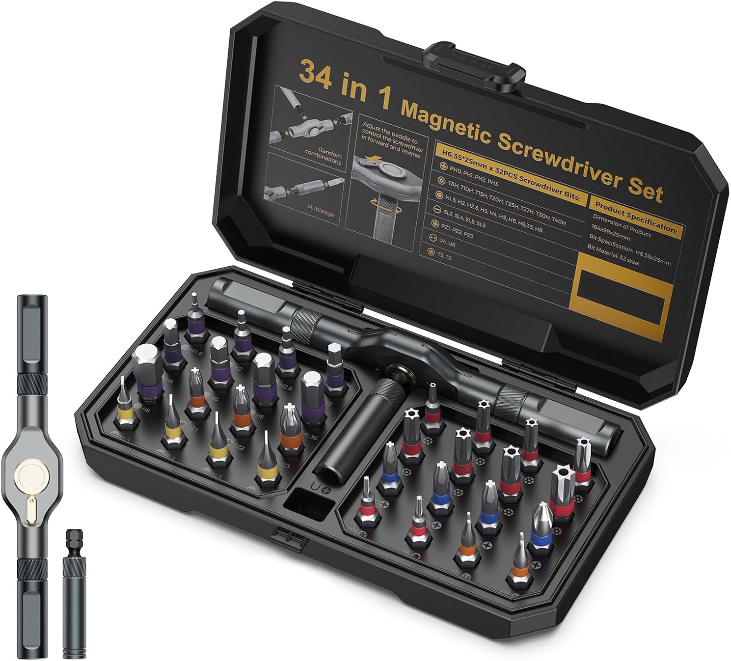 KeeKit 34 in 1 Ratchet Screwdriver Set, DIY Magnetic Screwdriver Set with Detachable Ratchet Handle, Portable Repair Tool Kit with 32 PCS Bits for Laptop, Furniture, Electronics Maintenance