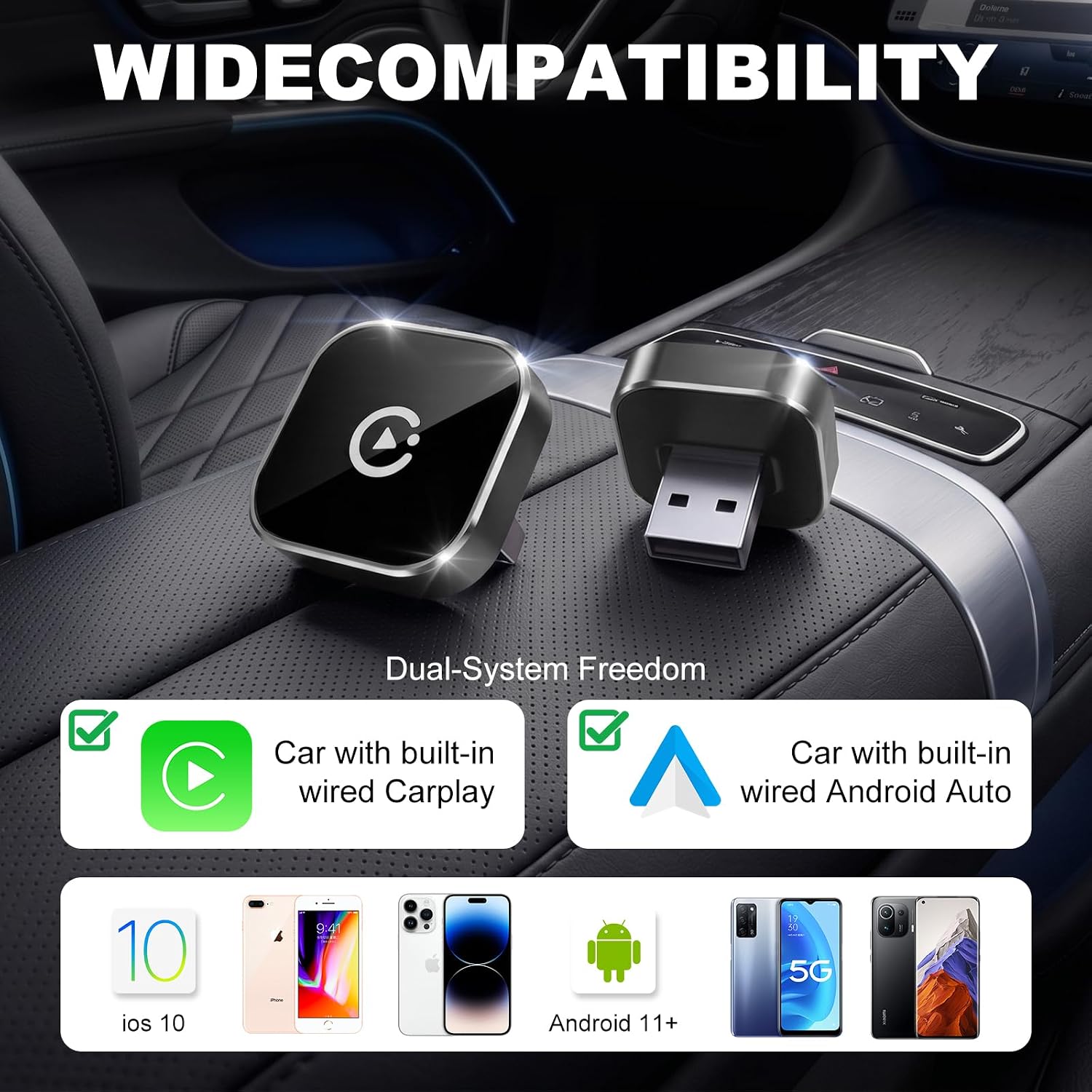 2026 New Wireless CarPlay Adapter, Compatible CarPlay & Android Auto, Plug and Play CarPlay Dongle, Fast Auto-Connect, Type-C & USB Cable Included, Supports iOS 10+ & Android