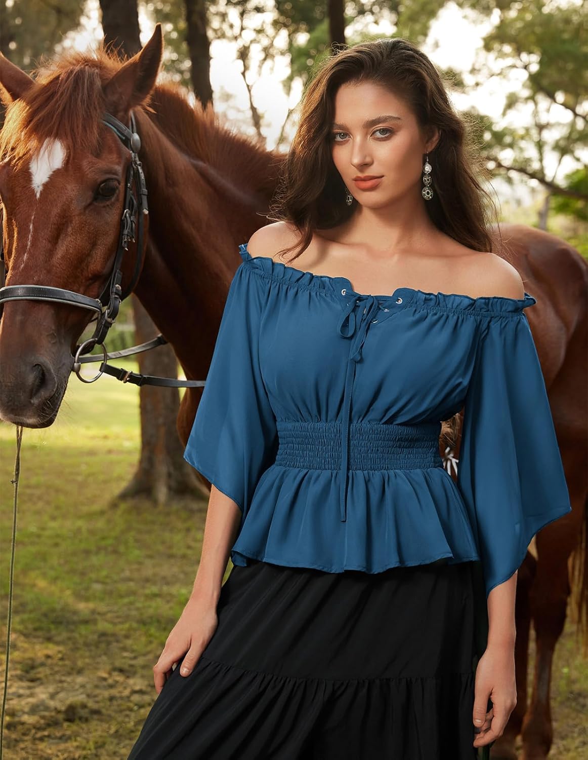 Scarlet Darkness Women Renaissance Shirt Off Shoulder Bell Sleeve Smocked Waist Tops Blouse