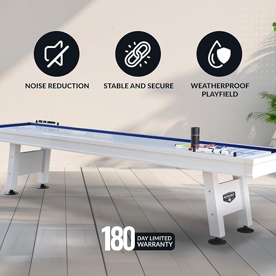 Hathaway Crestline 12 Ft Outdoor Shuffleboard Table for Patio, Yard & Deck - with Weatherproof Playfield, Built-in Scorer & Fitted Cover, Leg Levelers, 8 Pucks, Wax White Finish