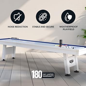 Hathaway Crestline 12 Ft Outdoor Shuffleboard Table for Patio, Yard & Deck - with Weatherproof Playfield, Built-in Scorer & Fitted Cover, Leg Levelers, 8 Pucks, Wax White Finish