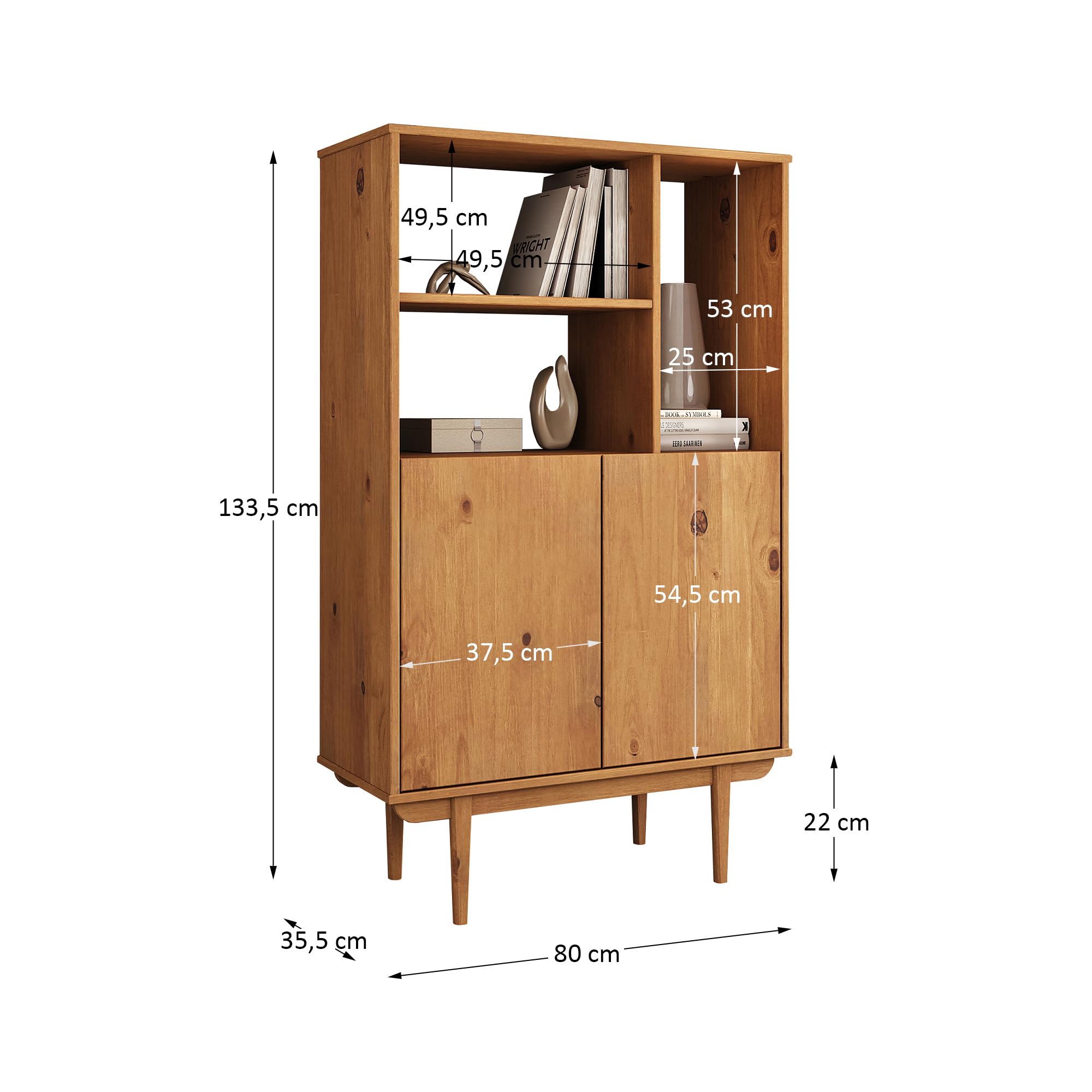 IDIMEX Highboard Simona mit offenem Regal in Massivholz Eiche Farben – Wohnzimmer Kommode mit 3 offenen Fächern und 2 Türen – Bücherregal mit Türen – Retro Holzschrank