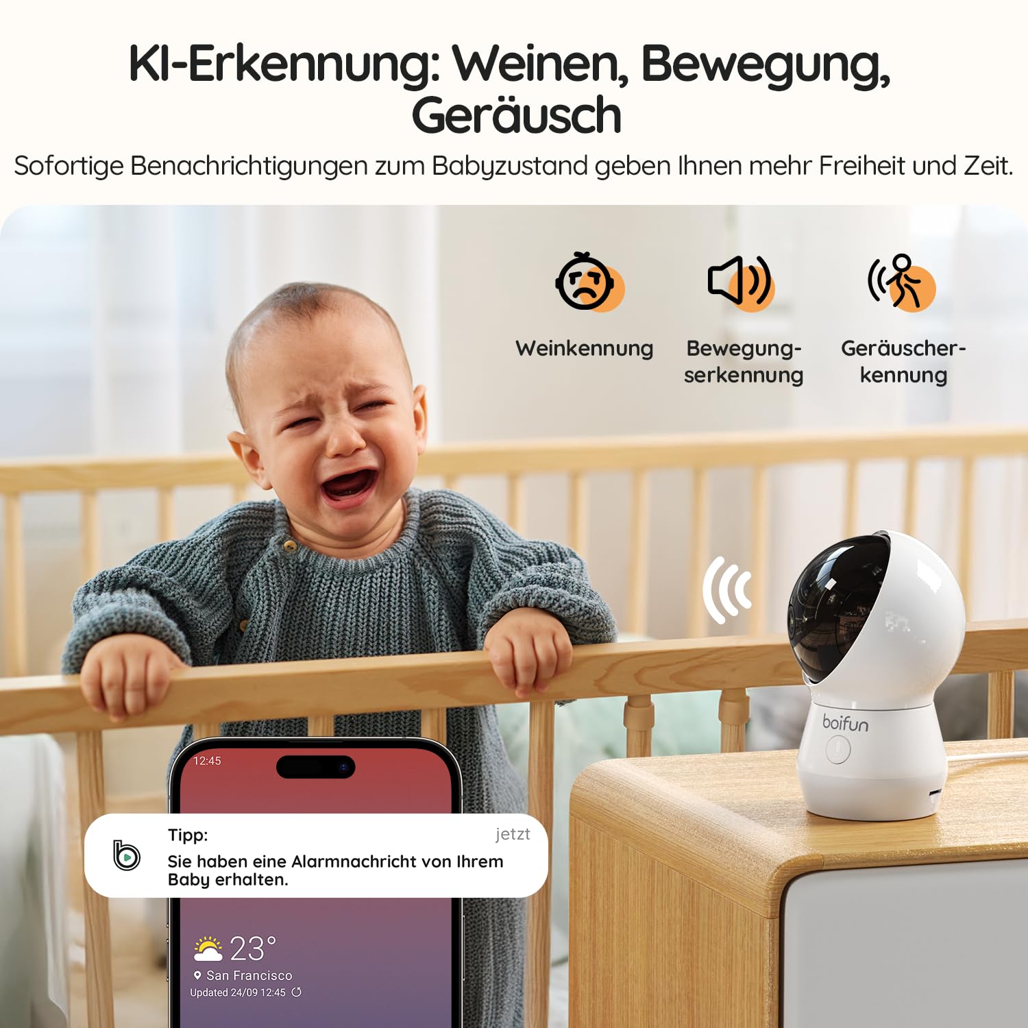 BOIFUN 4MP Babyphone mit 2 Kameras App, Split-Screen-Ansicht, KI/Weinen/Bewegungs/Geräuscherkennung, Intelligente Nachtsicht, Automatische Verfolgung, PTZ 345°/65°, 5.5" Video Babyfon WLAN