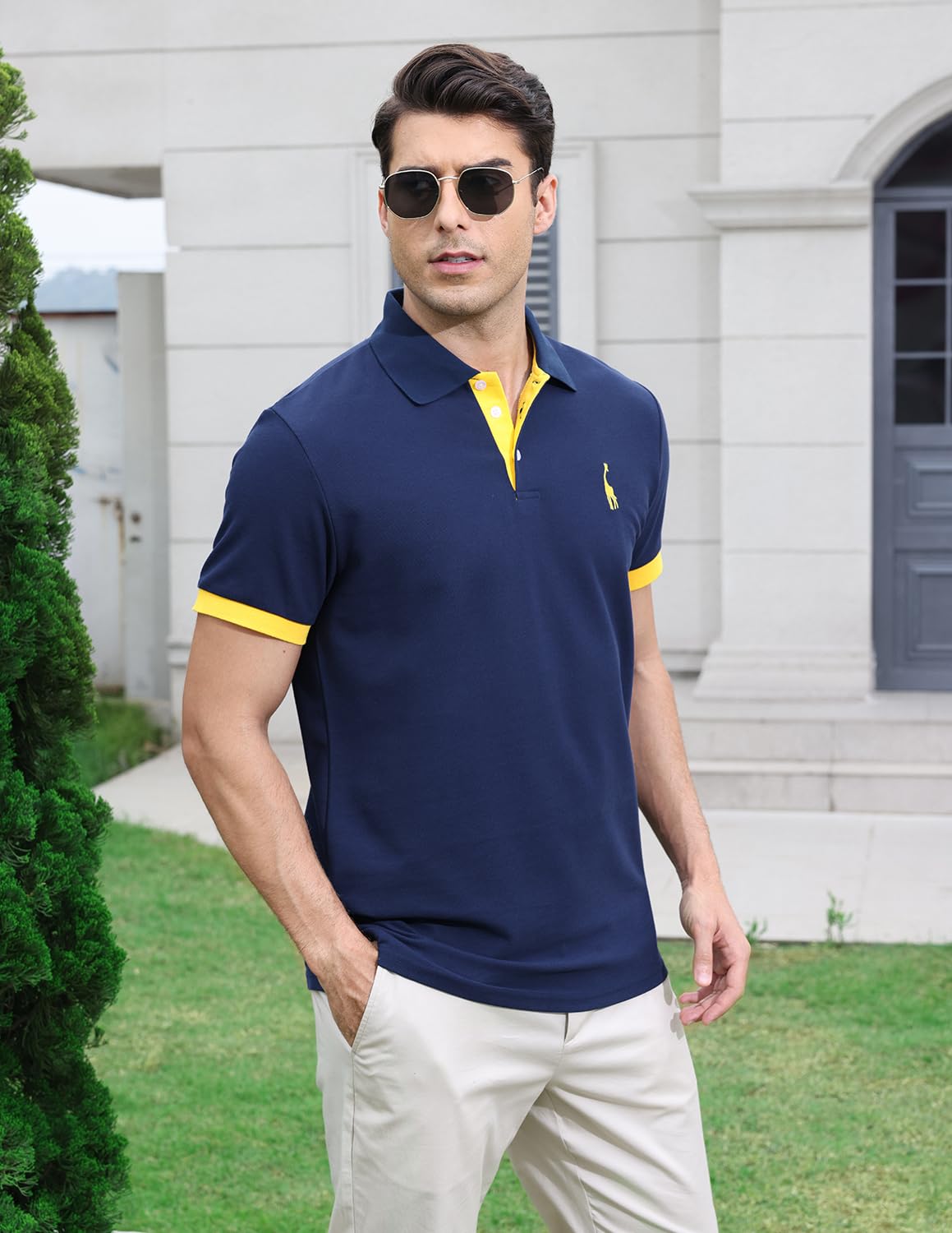 VMSUCIJ Polo Uomo Manica Corta in Cotone Giraffe Embroidery Classic Polo Neck Golf Shirt