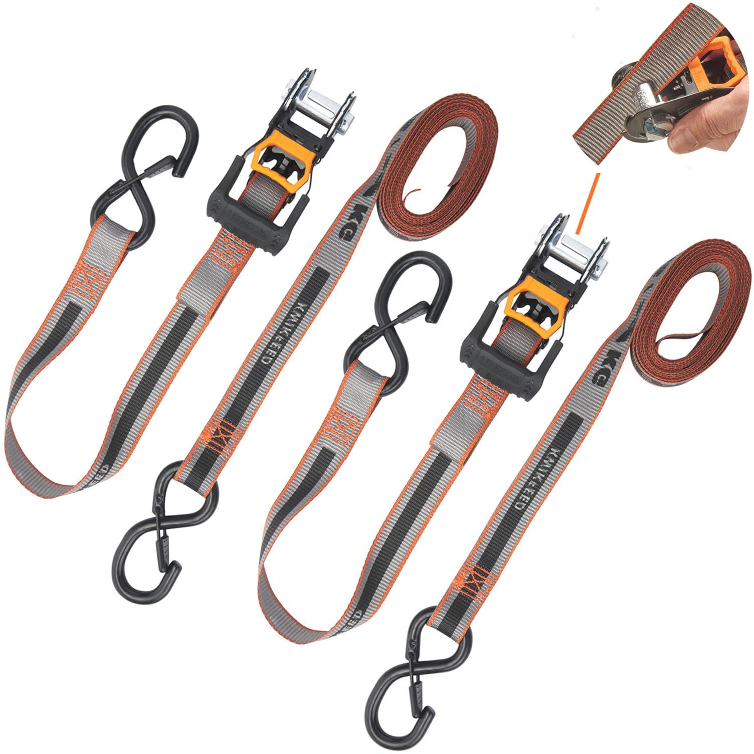 KwikFeed - Cinghie di fissaggio a cricchetto, carico e scarico rapidi, per moto, elettrodomestici, traslochi, carichi, 2,5 cm x 3,5 m, 226,8 kg WLL, fettuccia rinforzata, confezione da 2