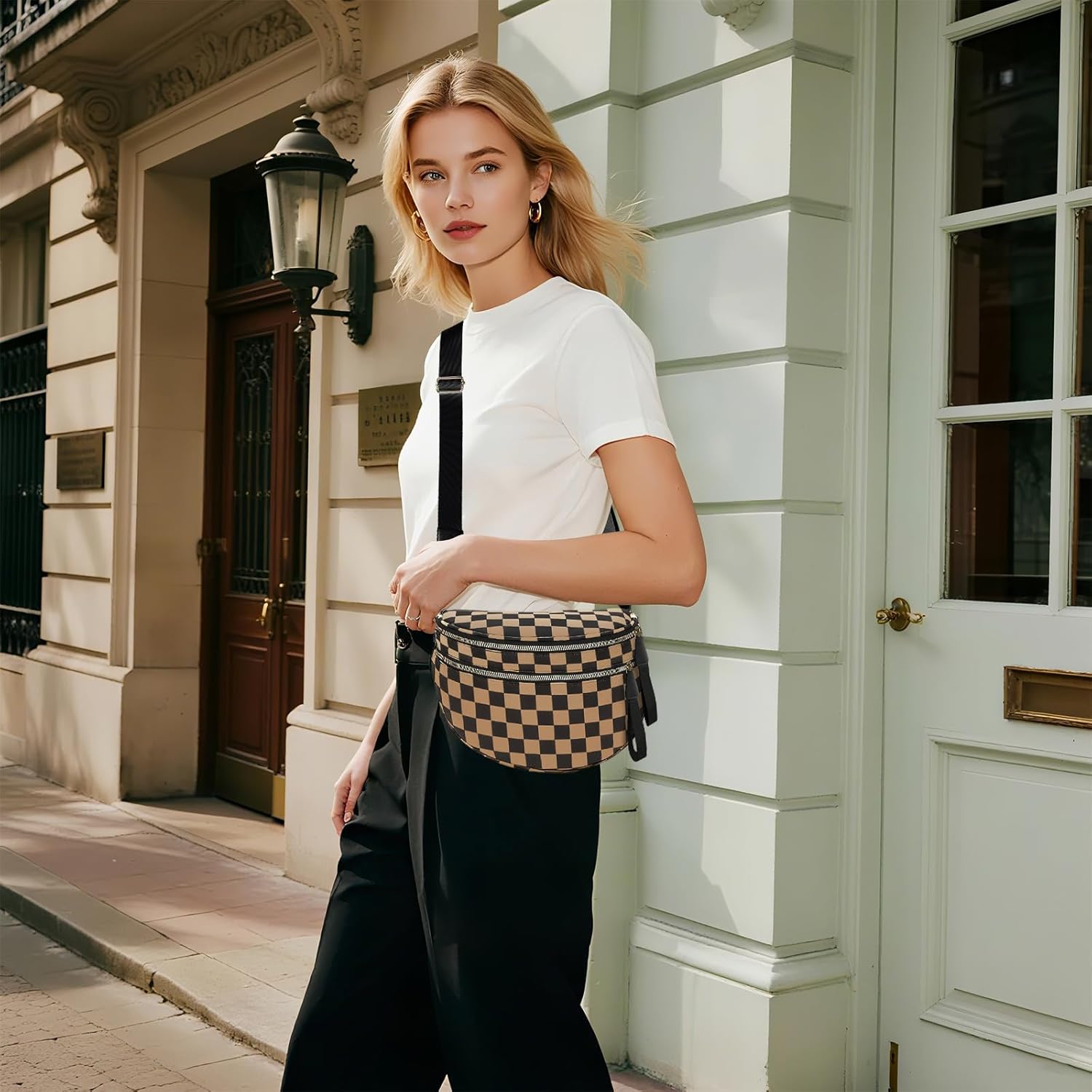 Crossbody Bags for Women, Checkered Bum Bag Crossbody, Spacious Nylon Shoulder Handbag Mom Bag (khaki checkered) - Image 2