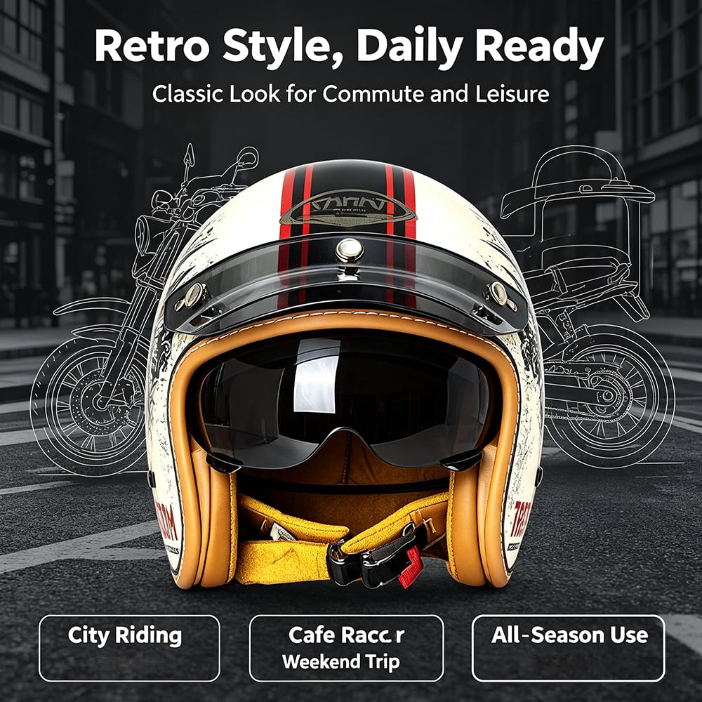 Vintage Jet Helm mit Visier, ECE/DOT genehmigt Motorrad Crash Jet Helm, Motorrad Open Face Helm, für Männer Frauen Road Legal, Retro 3/4 Open Face Design