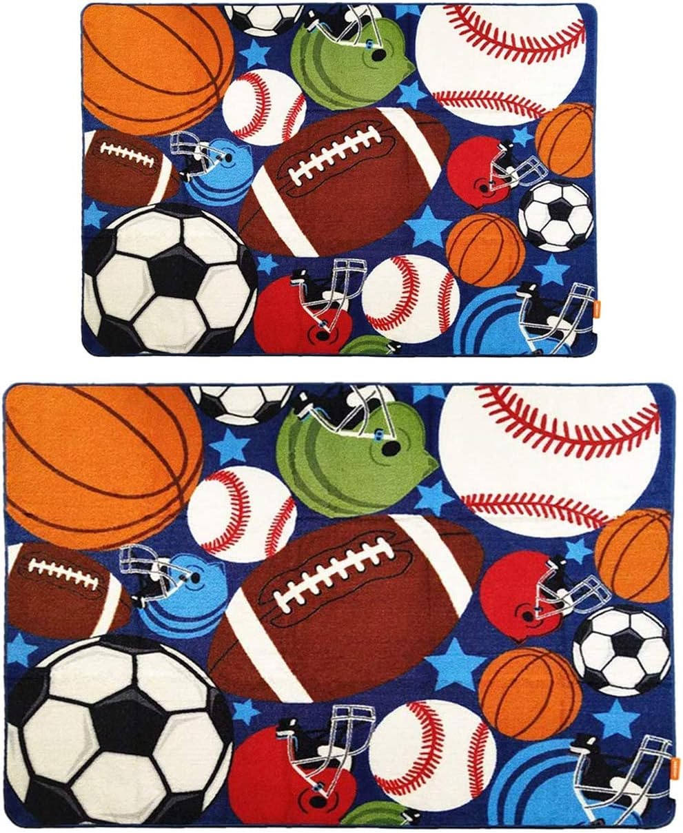 HUAHOO Kids Rug Fun Sport Rugs Balls Print with Soccer Ball, Basketball, Football, Tennis Ball Bedroom Playroom