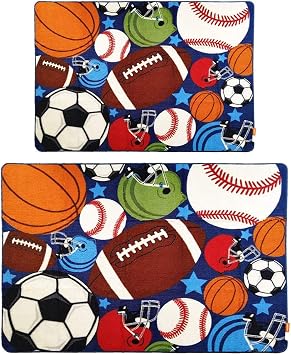 HUAHOO Kids Rug Fun Sport Rugs Balls Print with Soccer Ball, Basketball, Football, Tennis Ball Bedroom Playroom
