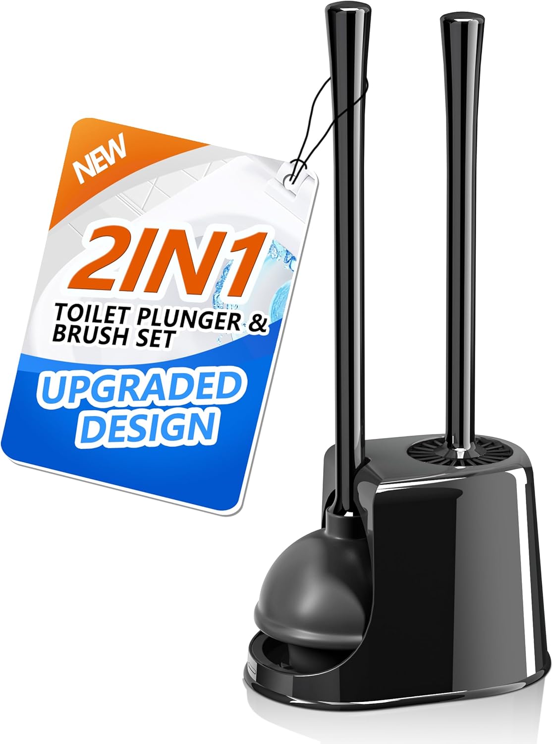 Black Toilet Brush and Plunger Set with Ventilated Holder