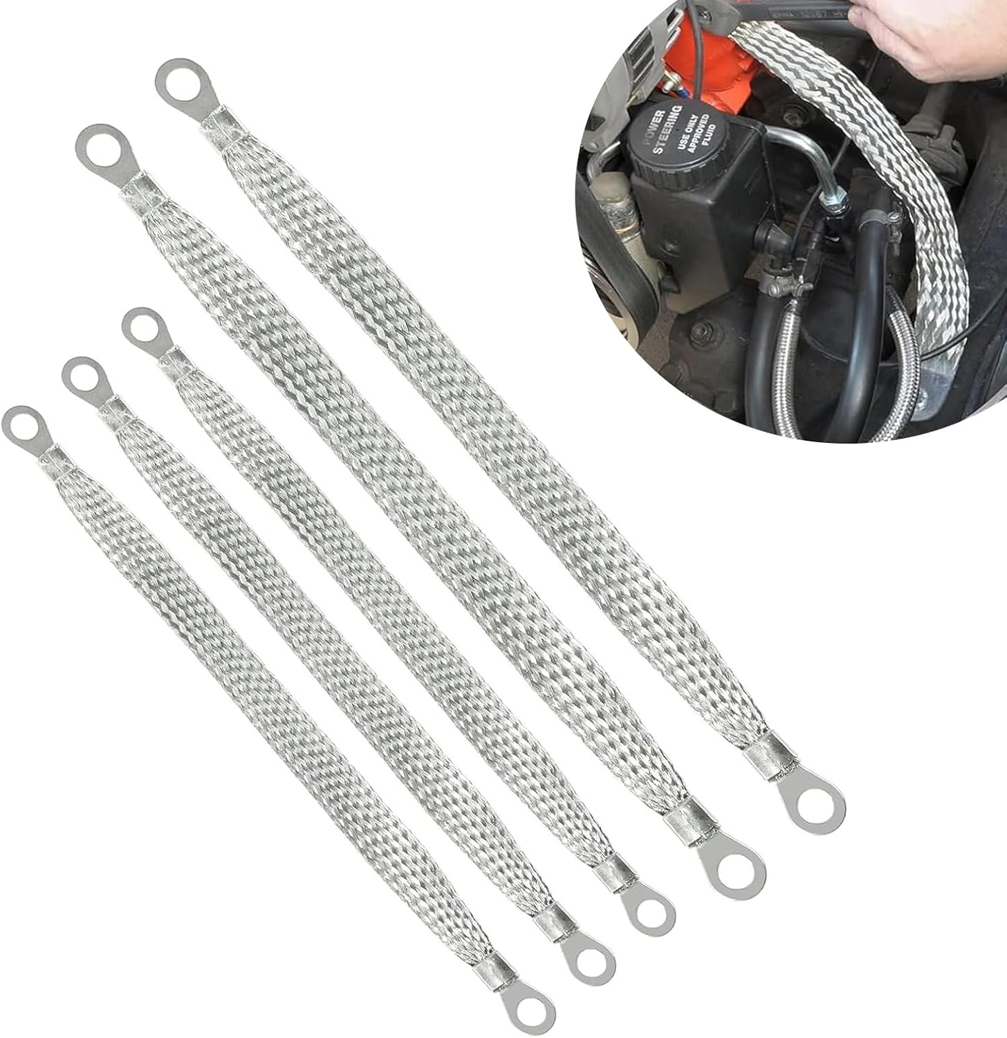 Pack-5 Car Engine Grounding Strap Kit, 3 Pcs 10" + 2 Pcs 13" Flexible Braided Ignition Coil Grounding Strap, Equipment Transformer Bridge Grounding Soft Connection, Unviersal for Cars (Silver)
