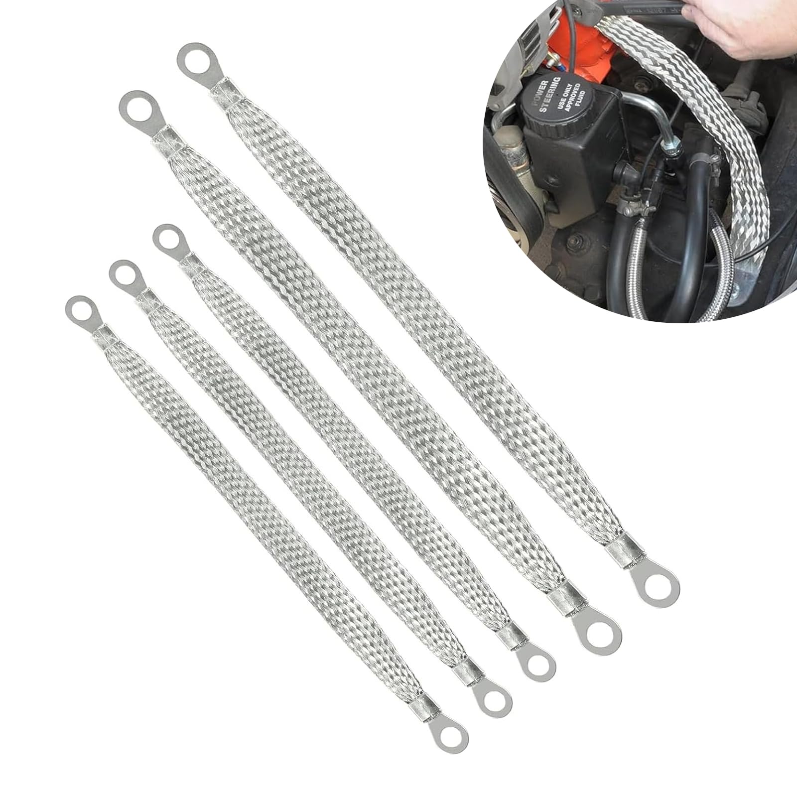 Pack-5 Car Engine Grounding Strap Kit, 3 Pcs 10" + 2 Pcs 13" Flexible Braided Ignition Coil Grounding Strap, Equipment Transformer Bridge Grounding Soft Connection, Unviersal for Cars (Silver)