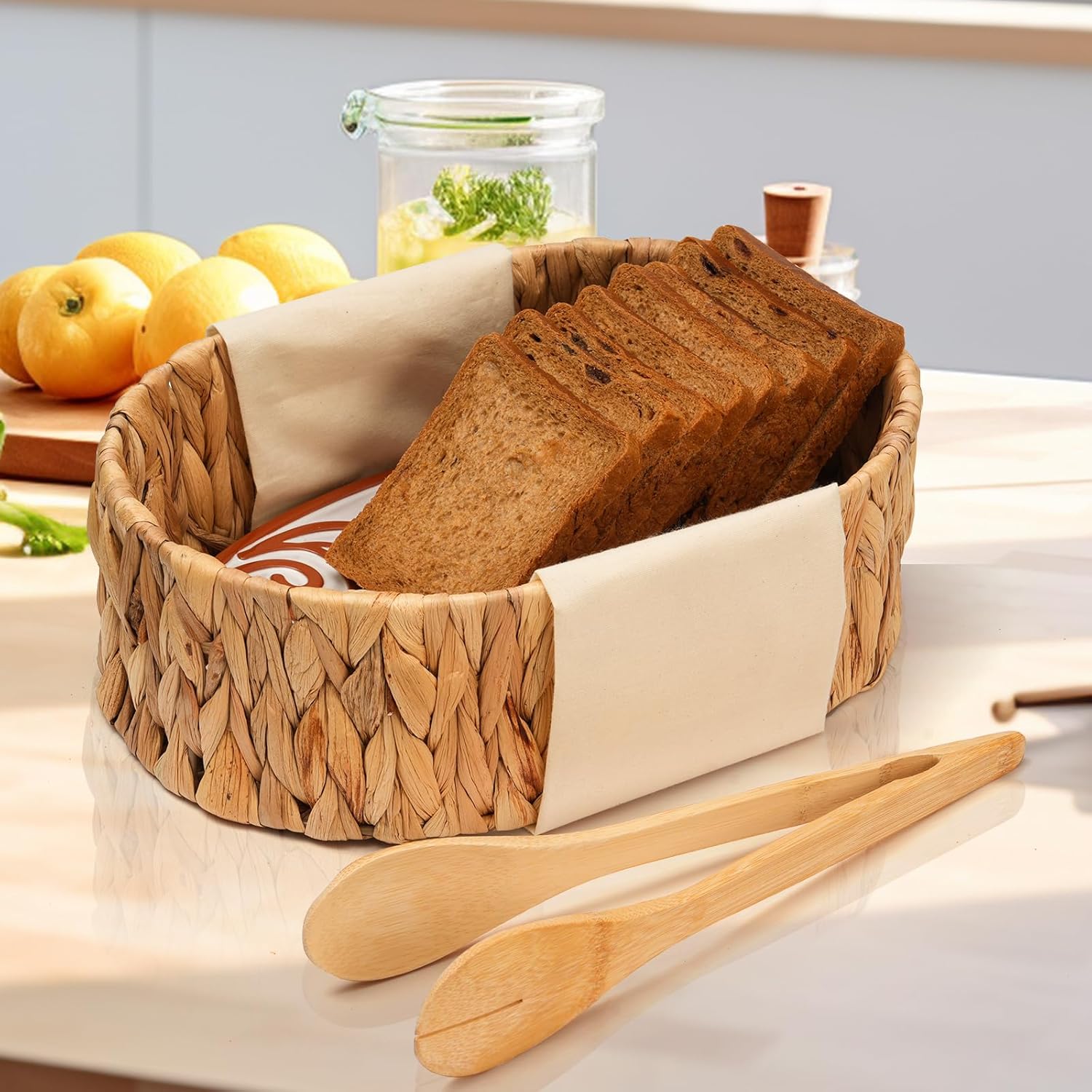 Bread Warmer Basket with Stone - Includes Linen Towel and Clips,Bread Baskets for Serving Tortilla,Sourdough,Terracotta Loaf Warmer Gifts for Hostess Gifts New Home,Sourdough Bakers,Mom Dad Birthday