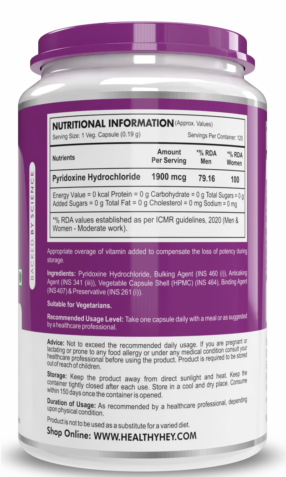 HealthyHey Nutrition Vitamin B6 Pyridoxine -120 Veg. Capsules 3