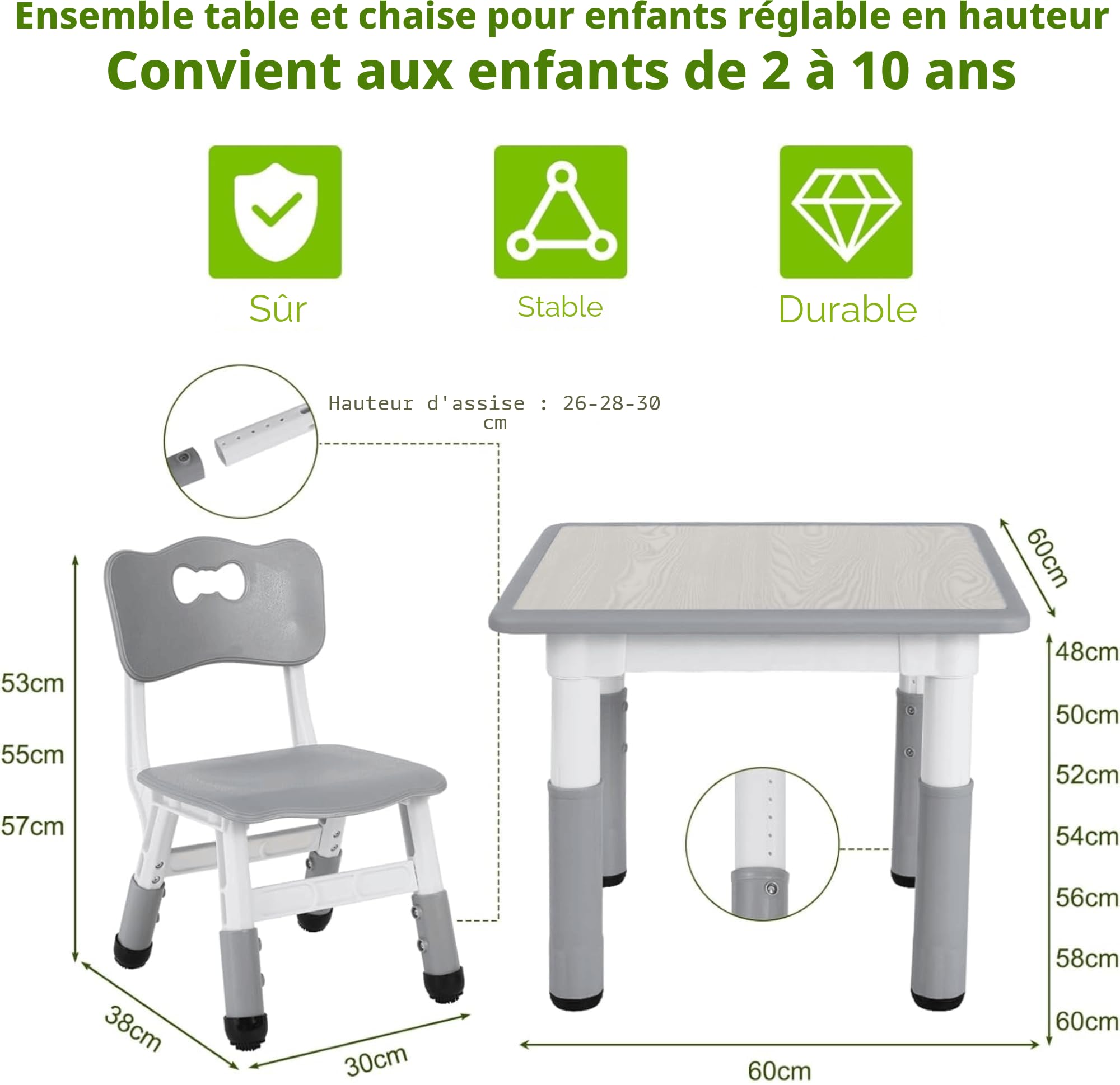 MAMIZO Ensemble de Table pour Enfants Réglable en Hauteur Avec 2 Chaises, Meubles en Plastique, pour Peinture, Garçons et Filles à Partir de 3 Ans (Gris, Carrée)