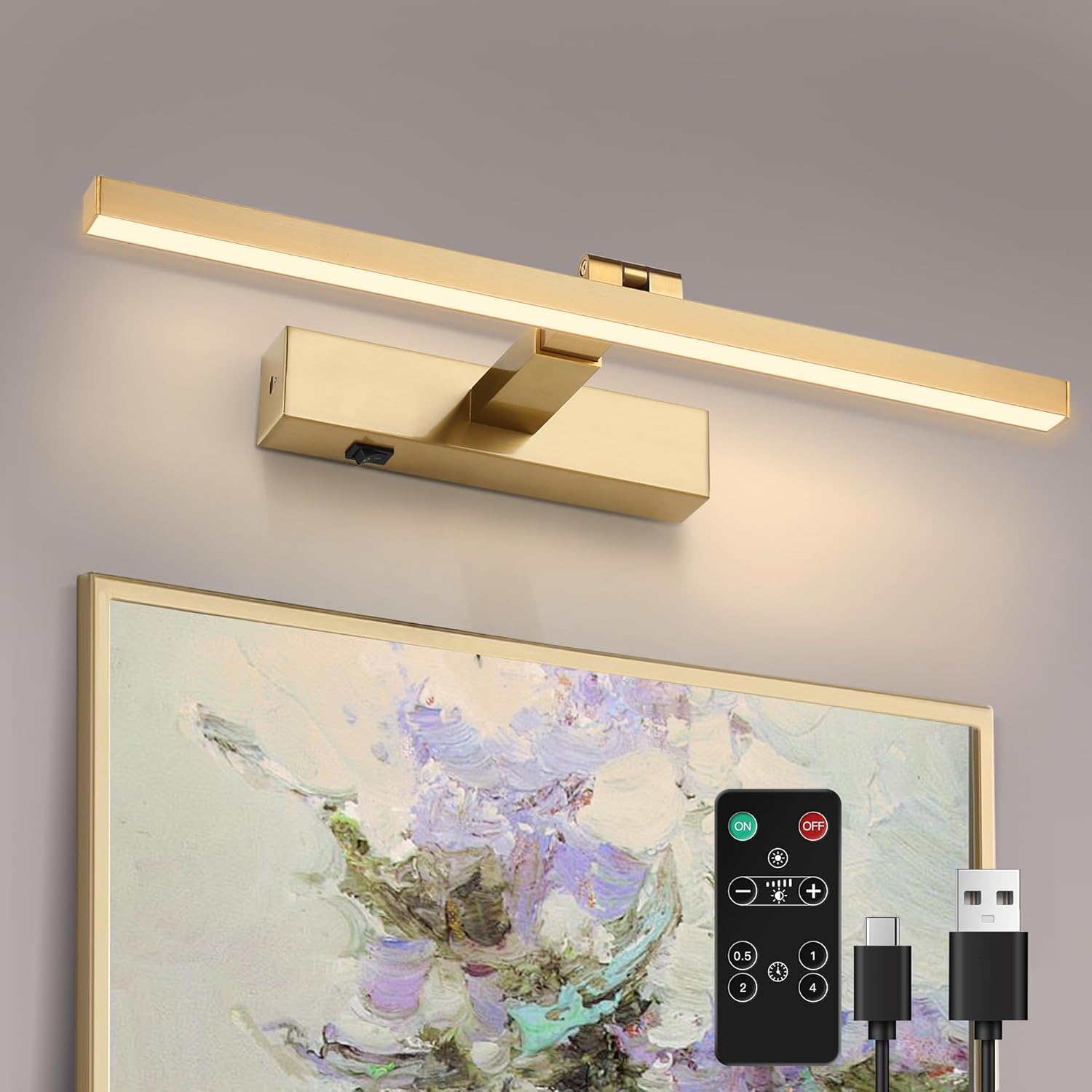 Gold Dimmable Picture Light with Remote, Rechargeable 5000mAh Battery Operated Portrait Art Light 20in for Gallery Artwork, Paintings,Picture Frame