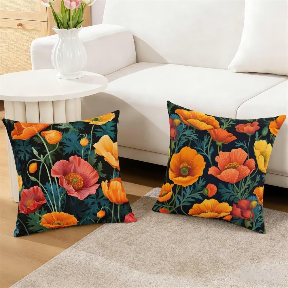 Federe Cuscini Divano 60x60 cm Federe Morbido Copricuscini Primavera in Velluto, 2 Pezzi Copri Cuscini per Divano Fiori Decorativi Federa Cuscino Papavero per Camera da Letto Soggiorno (IU189)