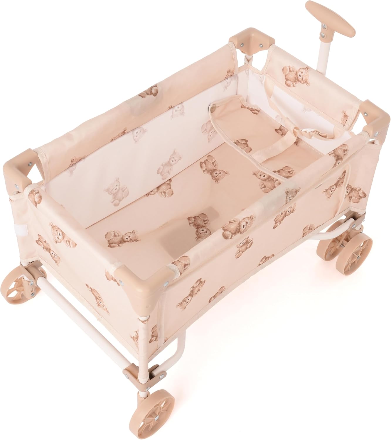 Roma Prams: Teddy Toy Wagon - Beige & Bear - Push & Pull Cart, Transport Dolls-Toys-Stuffed Animals, Storage Accessory, Folding, in-Outdoor, Kids 3+