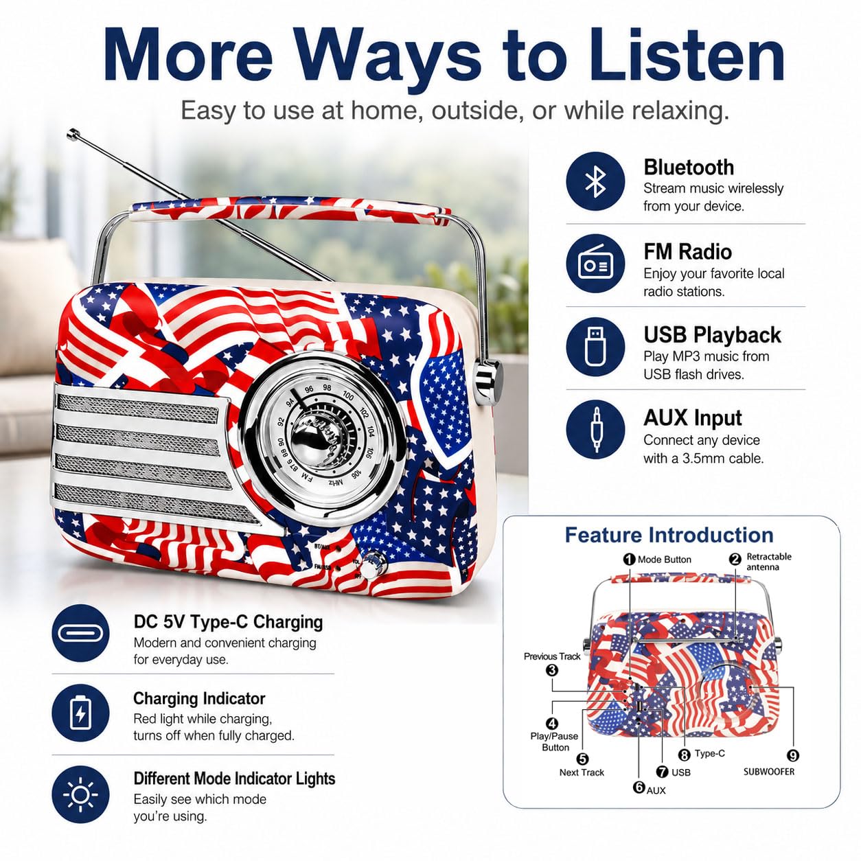 Haut-parleur Bluetooth vintage avec drapeau patriotique