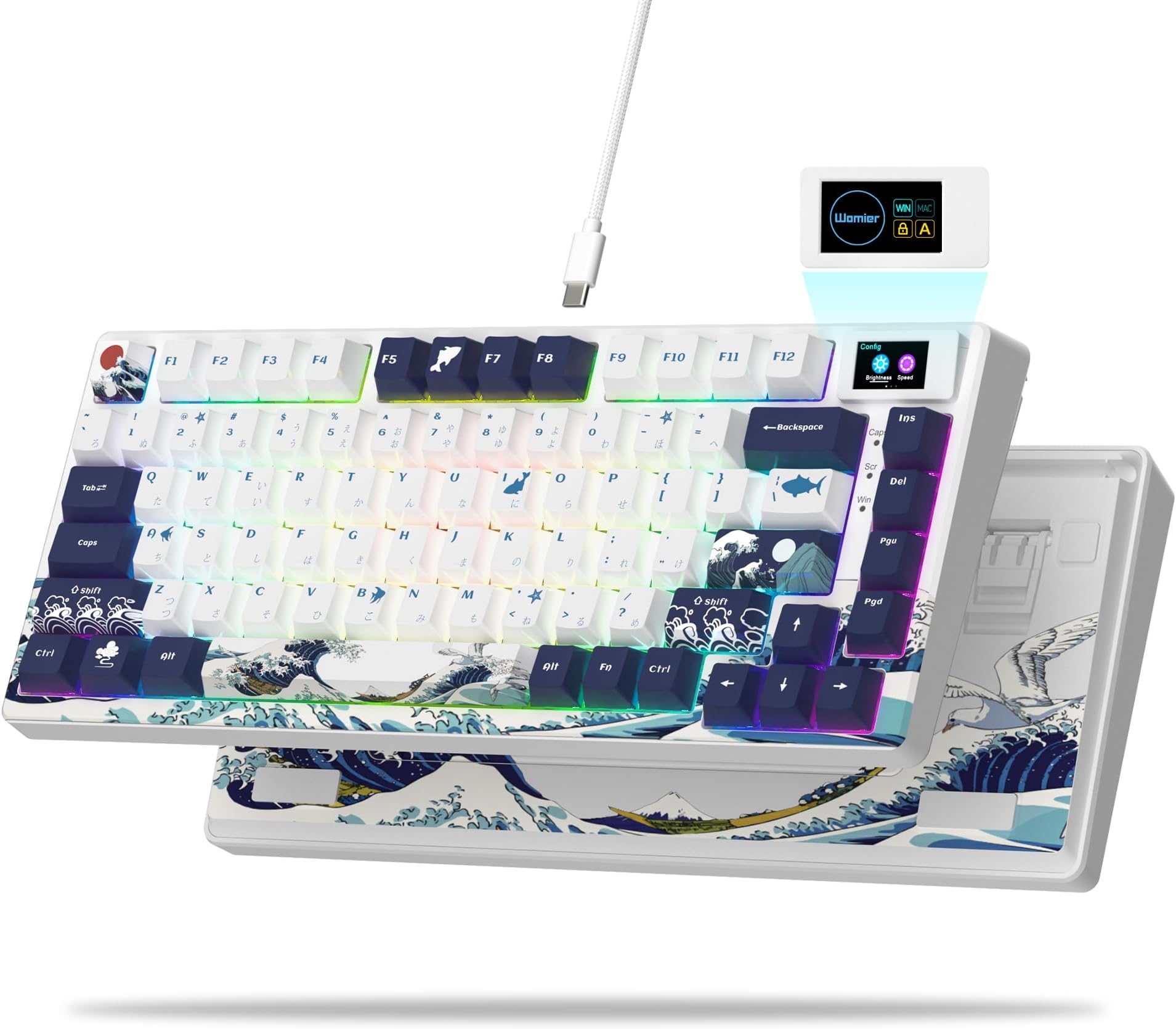 Keyboard Wired Womier S-K80 75% Mechanical Gaming Keyboard, Hot Swappable, Gasket Mount, RGB, Pre-lubricated Stabilizer with Color Multimedia Display for Mac/Win (SK80-White)