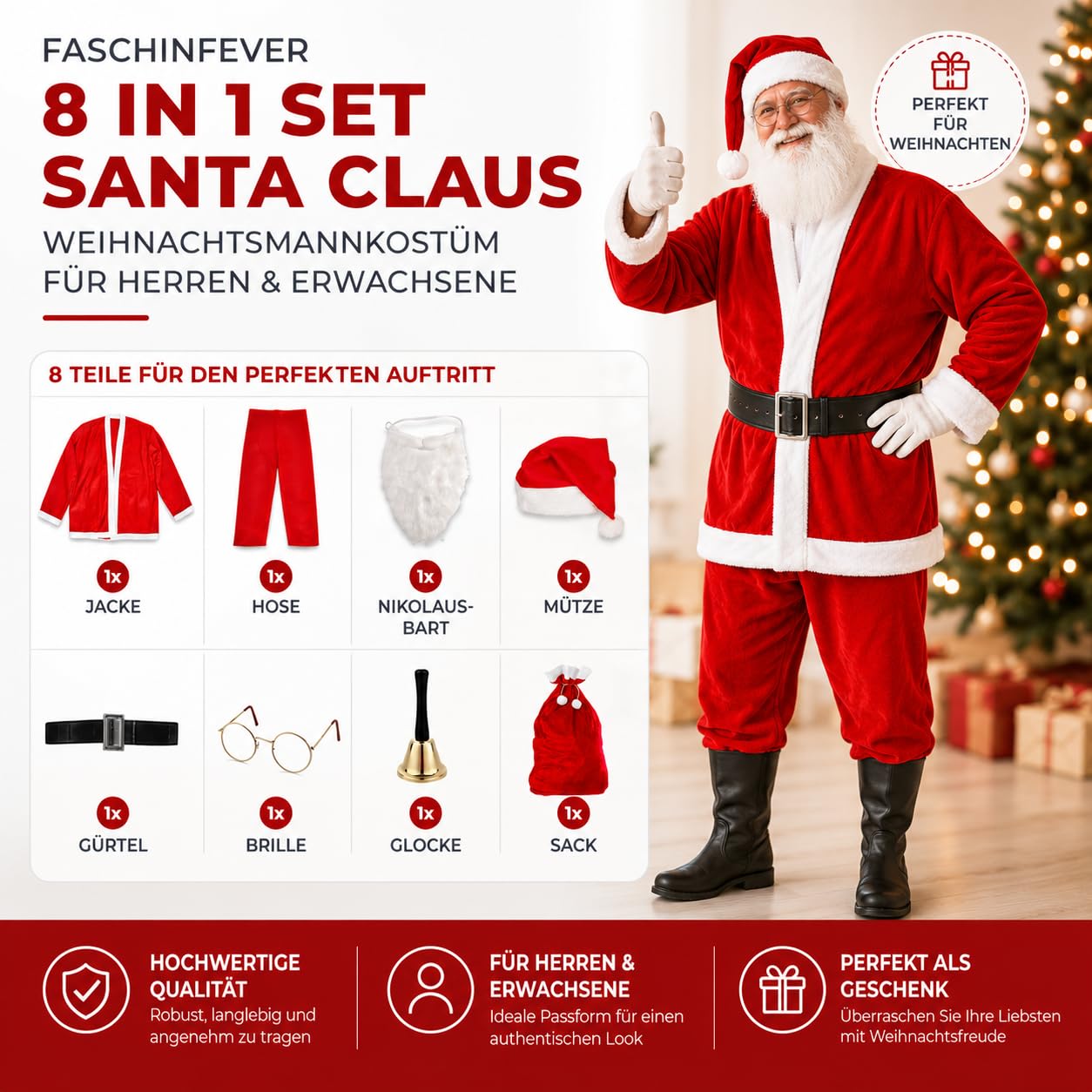 8 in 1 Set Weihnachtsmannkostüm & Nikolauskostüm - Santa Costume - für Weihnachten - Kostüm für Nikolaus - Weihnachtsmann - Santa Claus - Herren & Erwachsene