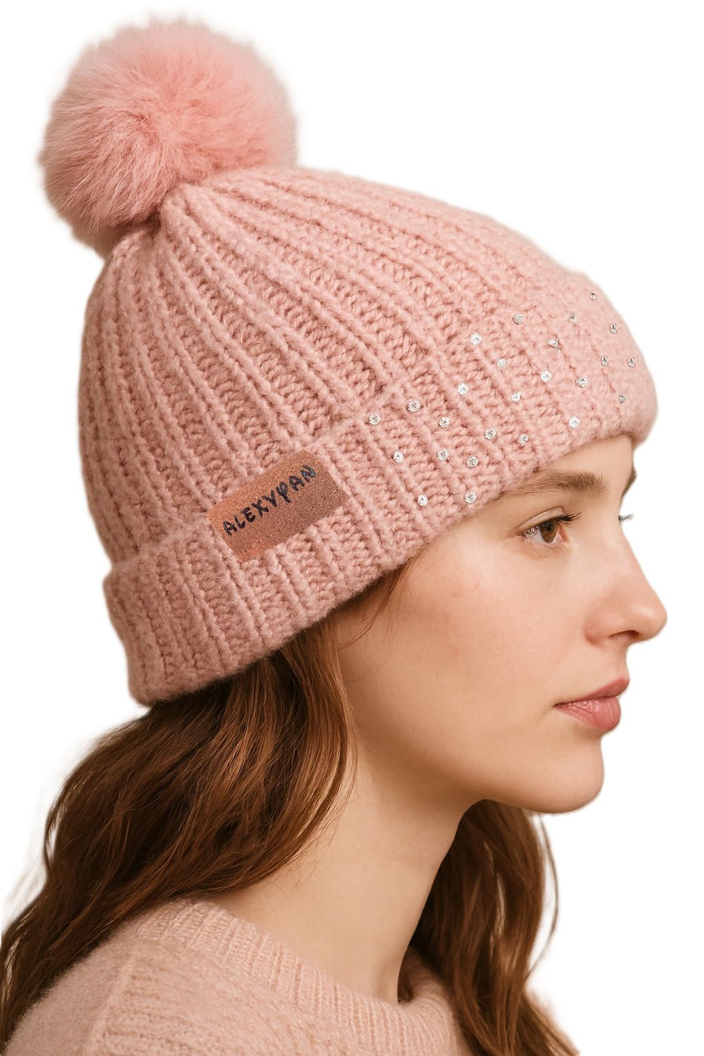 Alexvyan Pink Winter Knit Beanie with Fur Pom-Pom & Rhinestone