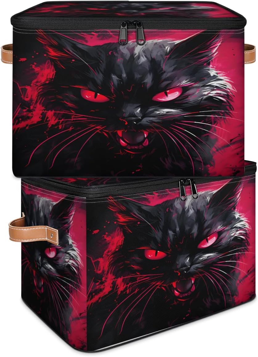 Storage Bin Set of 2 Evil Cat Storage Basket with Zipper Lid & Handle Foldable Closet Shelf 2 Pack Cloth Organizer Basket Cube Bins Clothes Organizer for Bedroom, Nursery