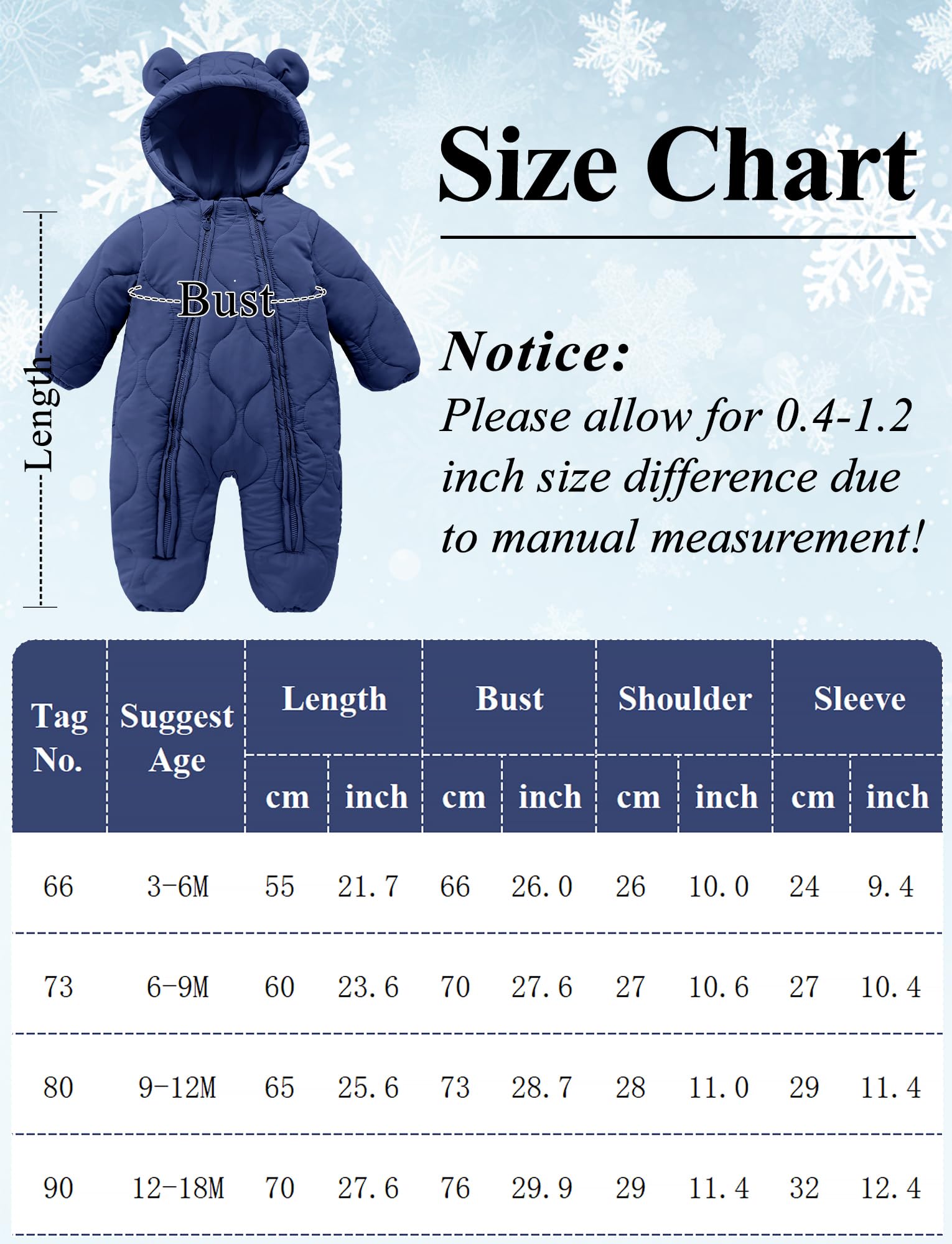 Happy Cherry - Baby Overall Winter mit Fußsäcken Junge Mädchen Schneenanzüge mit Kapuze Warme Kinder Strampler Lange Ärmel Kleinkind Jumpsuit Winterkleidung mit Reißverschlüssen - 3-18 Monate