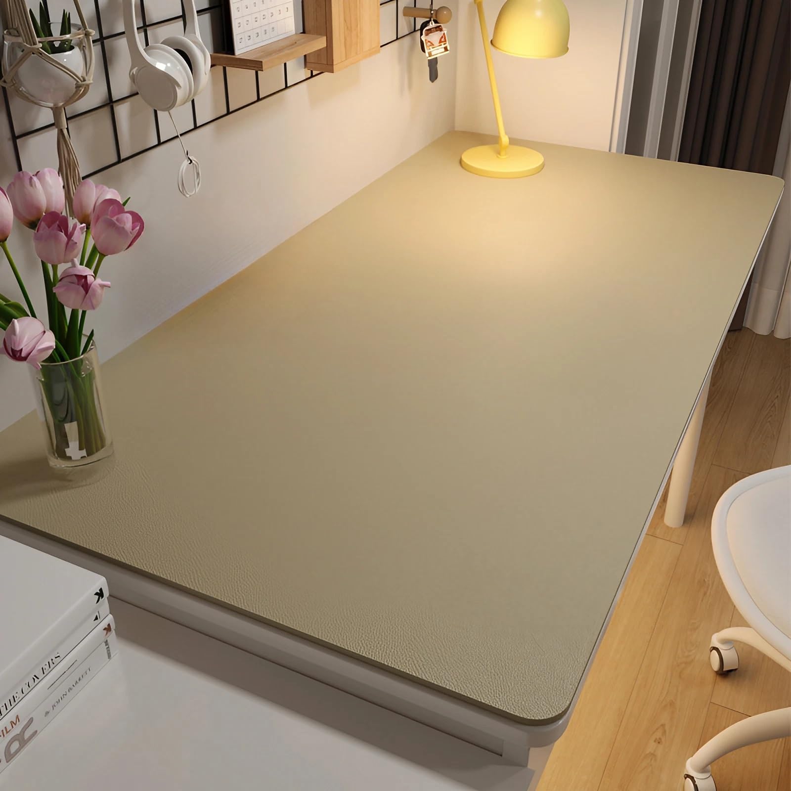 PU Leather Desk & Table Top Protector Mat, Non-Slip Surface Large/Small Waterproof Desk Mat for Keyboard, Mouse & Makeup Dressing Table(Beige,70 x 140 cm)