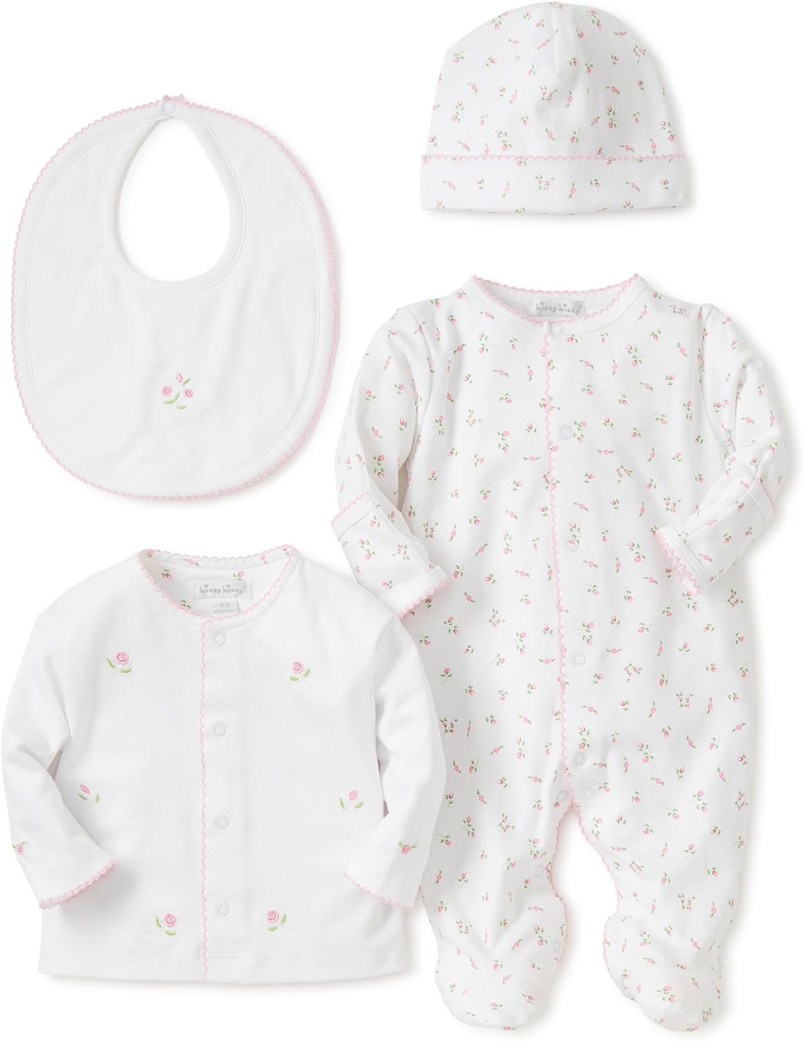 Kissy Kissy Baby Girls 100% Pima Cotton Garden Roses Take Me Home Gift Set Tulle Gift Bag, Newborn to 6 Months