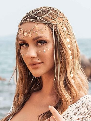 Miniatura 7 de Yean Diadema de lentejuelas doradas para adultos, joyería bohemia para el cabello, borla para festival, disfraz para mujeres y niñas