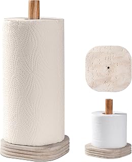 Natural Travertine Textures Standing Paper Towel Holder for Kitchen Countertop, Bathroom Toliet Paper Roll Holder with Weighted Base and Sturdy Wood Stand,for Standard or Plus Rolls, Height-Adjustable