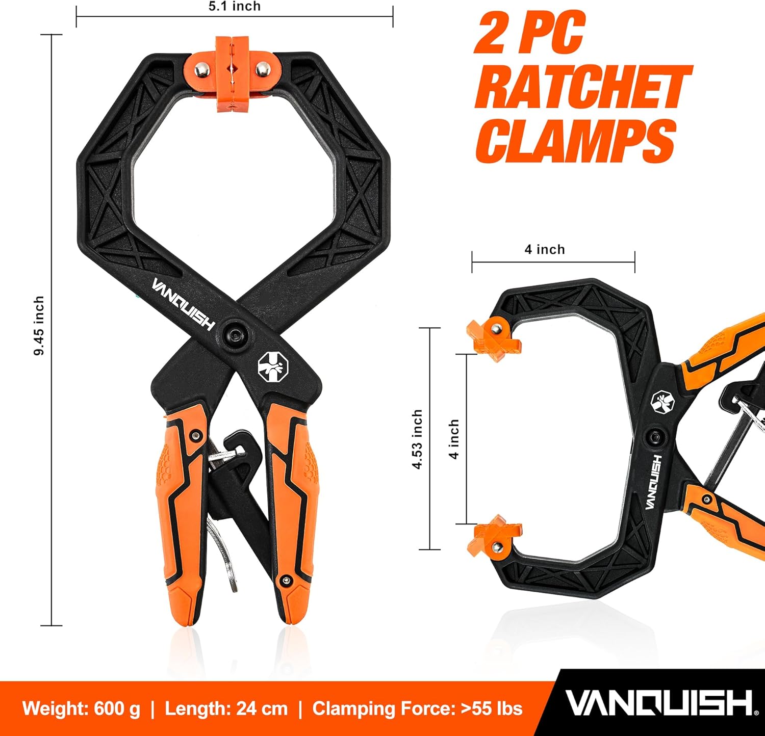 VANQUISH 2-Pack 4 Inch Quick-Release Ratcheting Wood Clamps for Woodworking, Professional Hand Clamps, Ergonomic Handles, 55 LBS Clamping Force, 3608-2