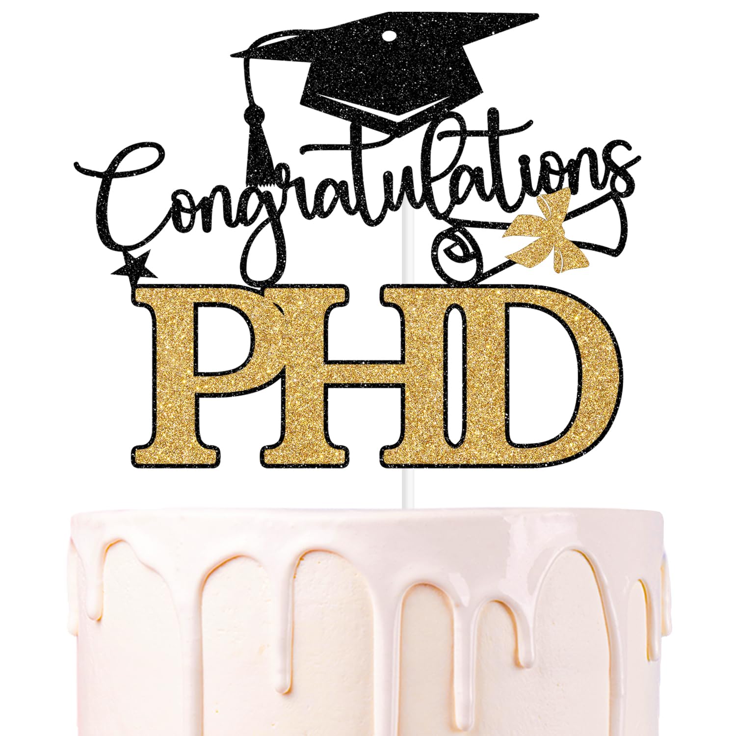 Black & Gold Glitter Congratulations PHD Cake Topper, PHD Class of 2025/Phinally Done, 2025 PHD Doctor Graduation Party Decorations Supplies