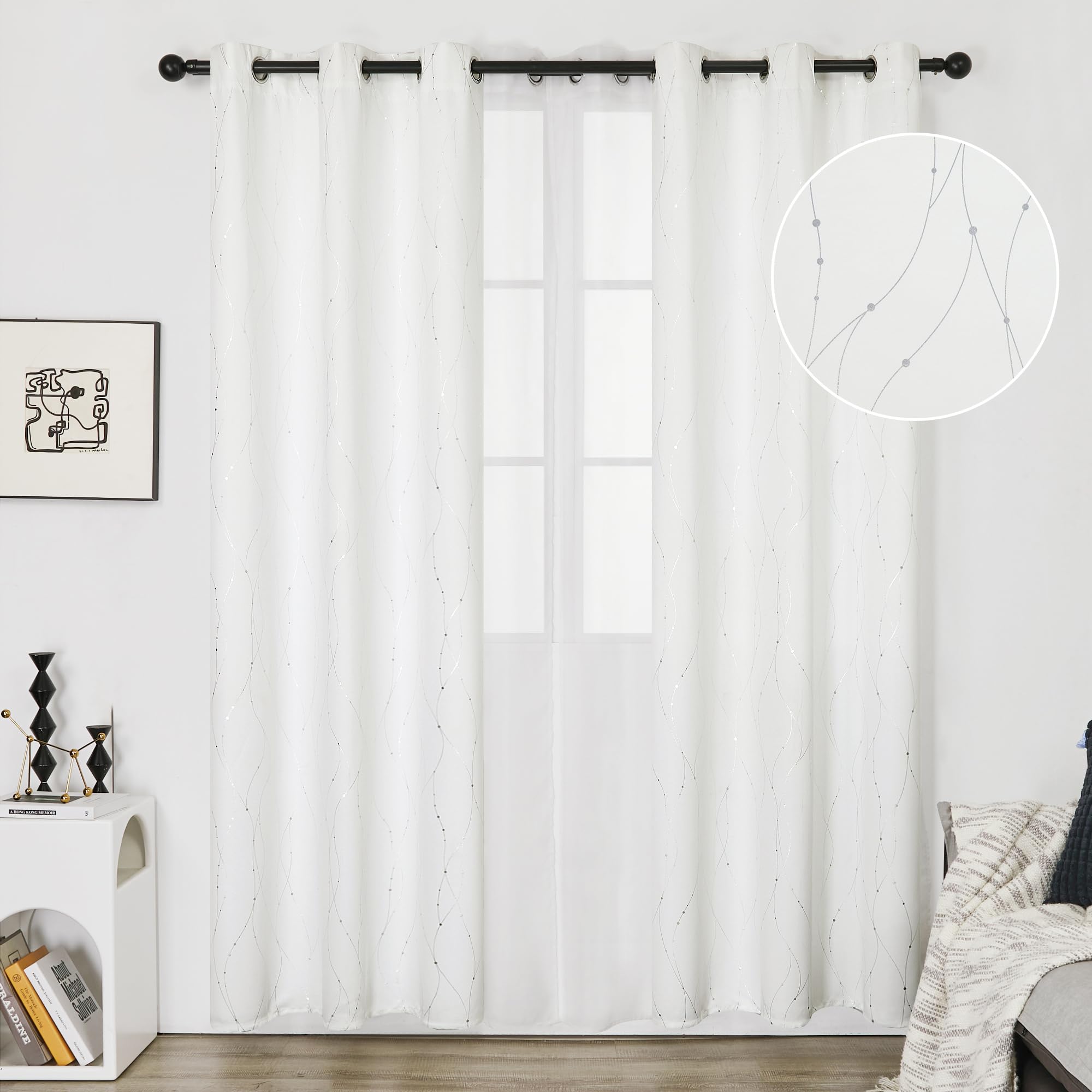 Deconovo Blue Soundproof Grommet Curtains for Living Room, 36 Inch Long - Room Darkening Drapes, Energy Saving Curtains for Living Room (38 X 36 Inch, White/Silver, 2 Panels)