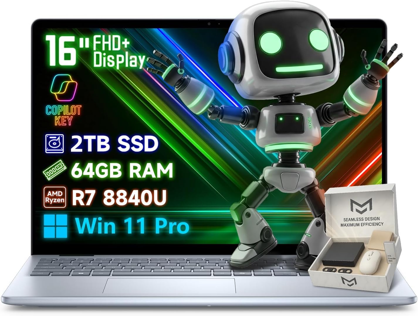 Dell Inspiron 16 Business Laptop | Ryzen 7 8-core 8840U | FHD+ Display | AI Copilot Key | Fingerprint Reader | Windows 11 Pro | Backlit Keyboard | Privacy Camera| Accessory Kit (64GB DDR5 2TB SSD)